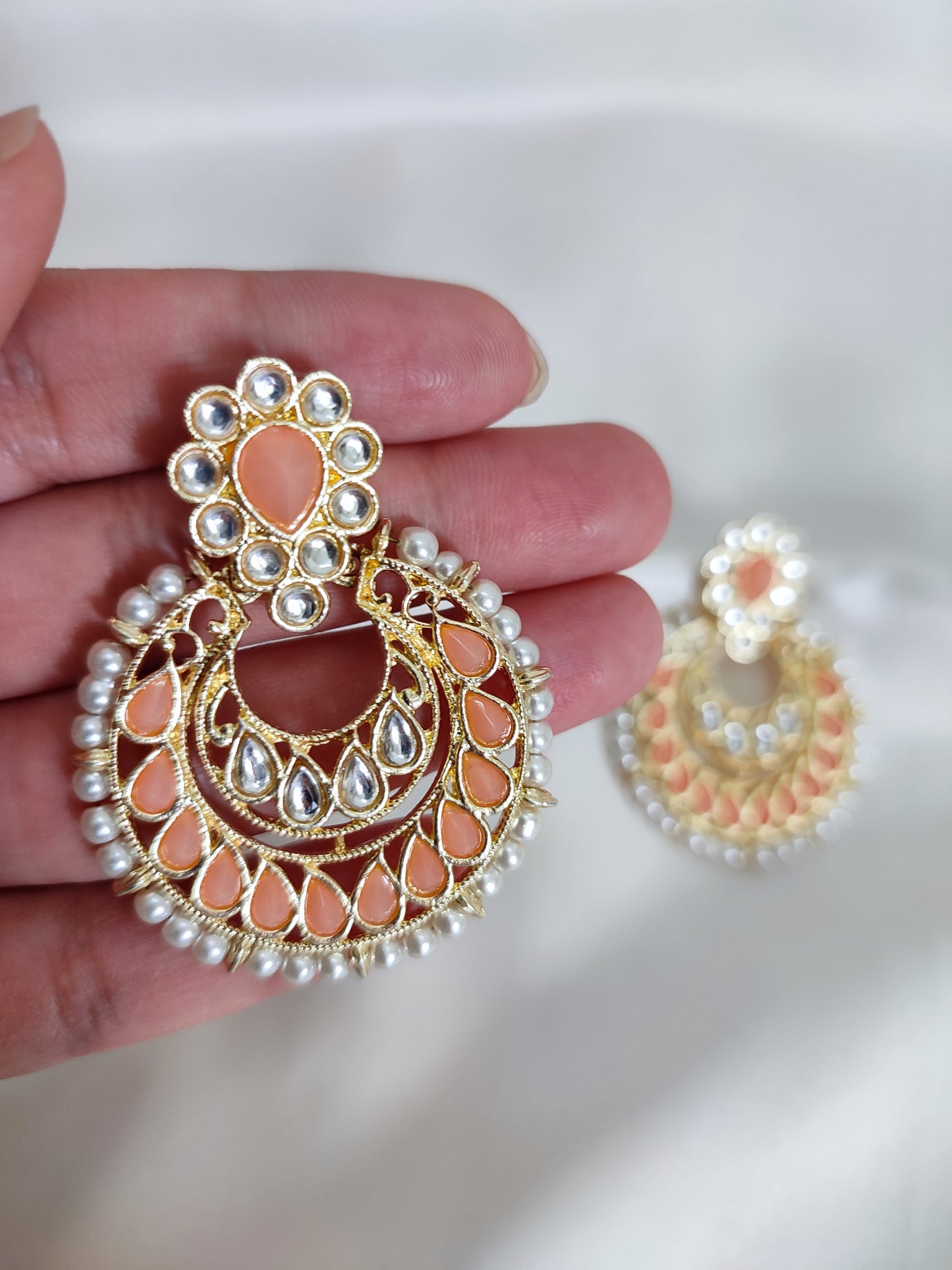 Peach Color Kundan Chandbali with Maang Teeka