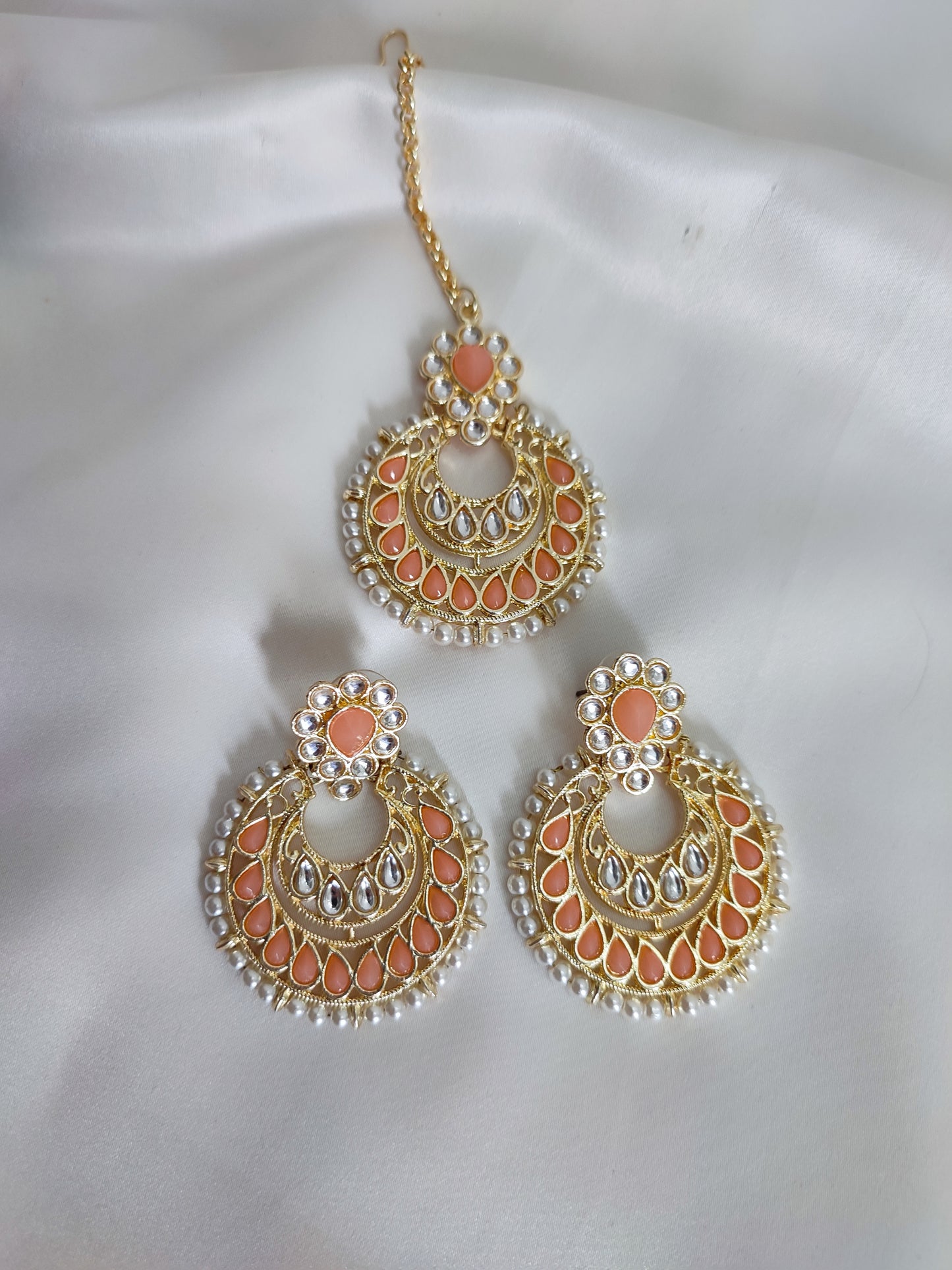 Peach Color Kundan Chandbali with Maang Teeka