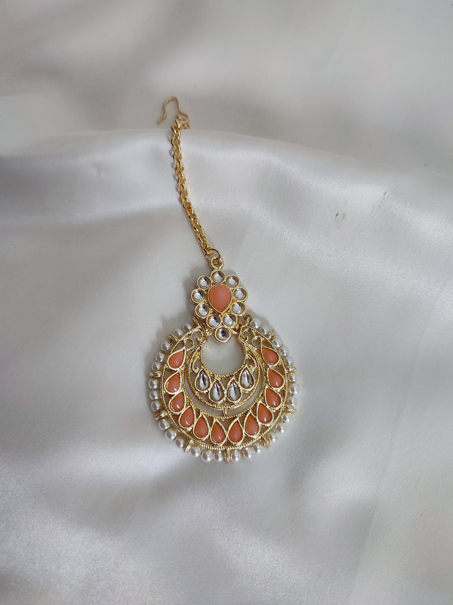 Peach Color Kundan Chandbali with Maang Teeka