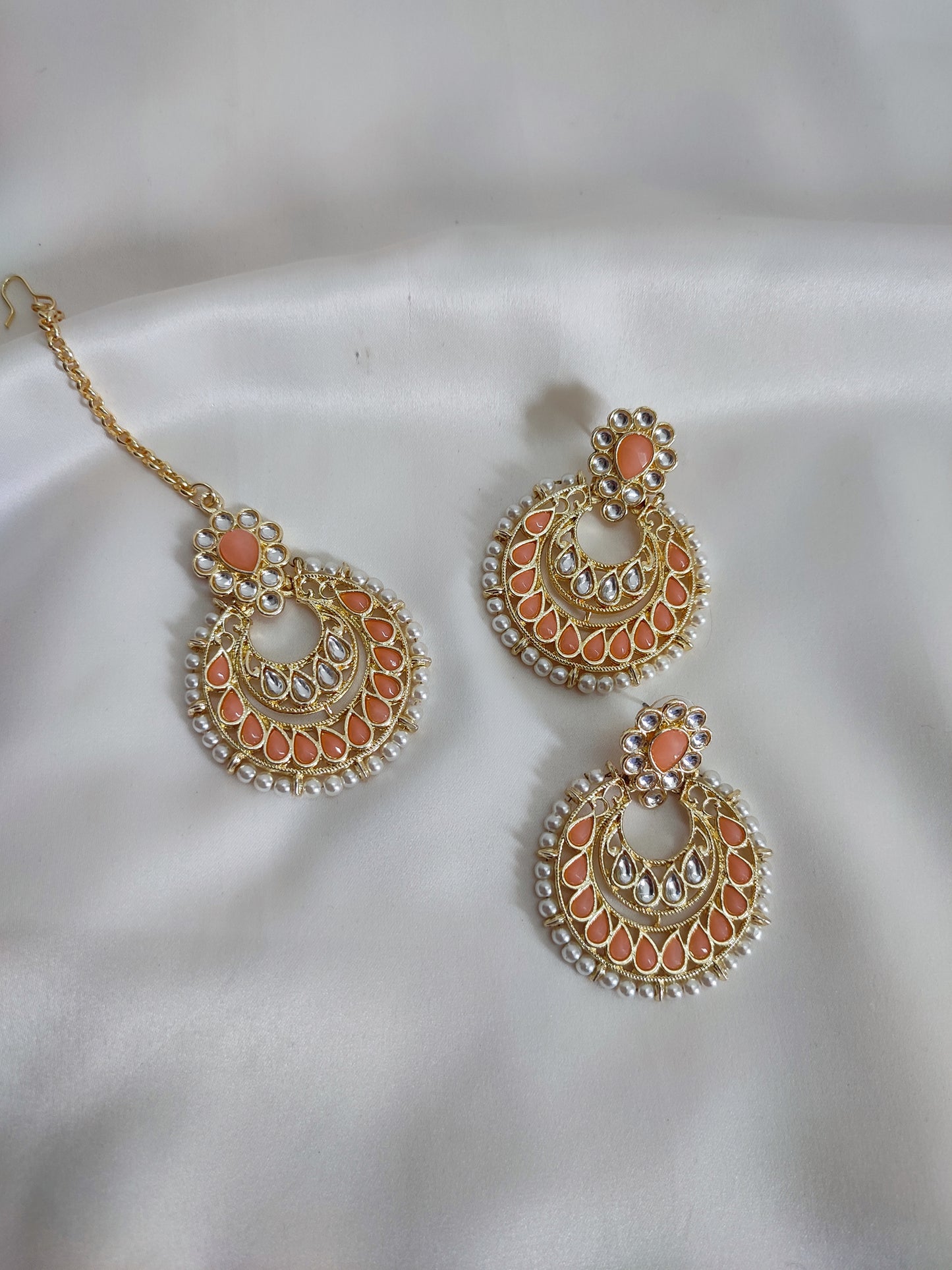 Peach Color Kundan Chandbali with Maang Teeka