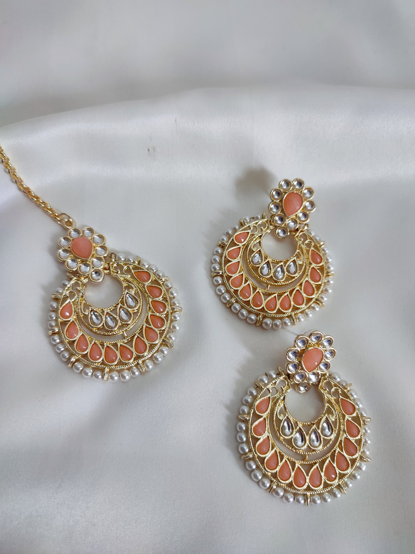 Peach Color Kundan Chandbali with Maang Teeka