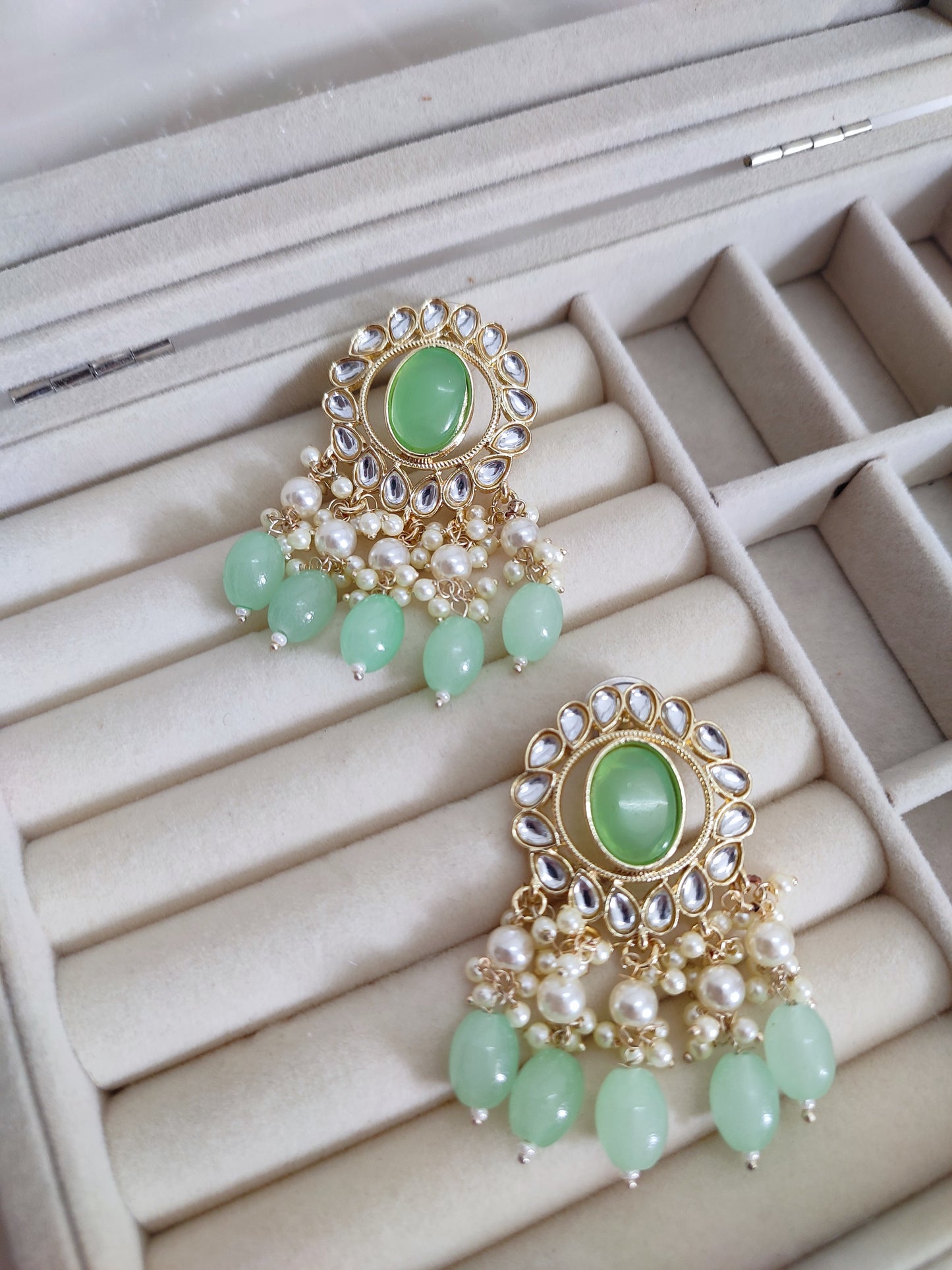 Mint Green Kundan Chandbali Earrings