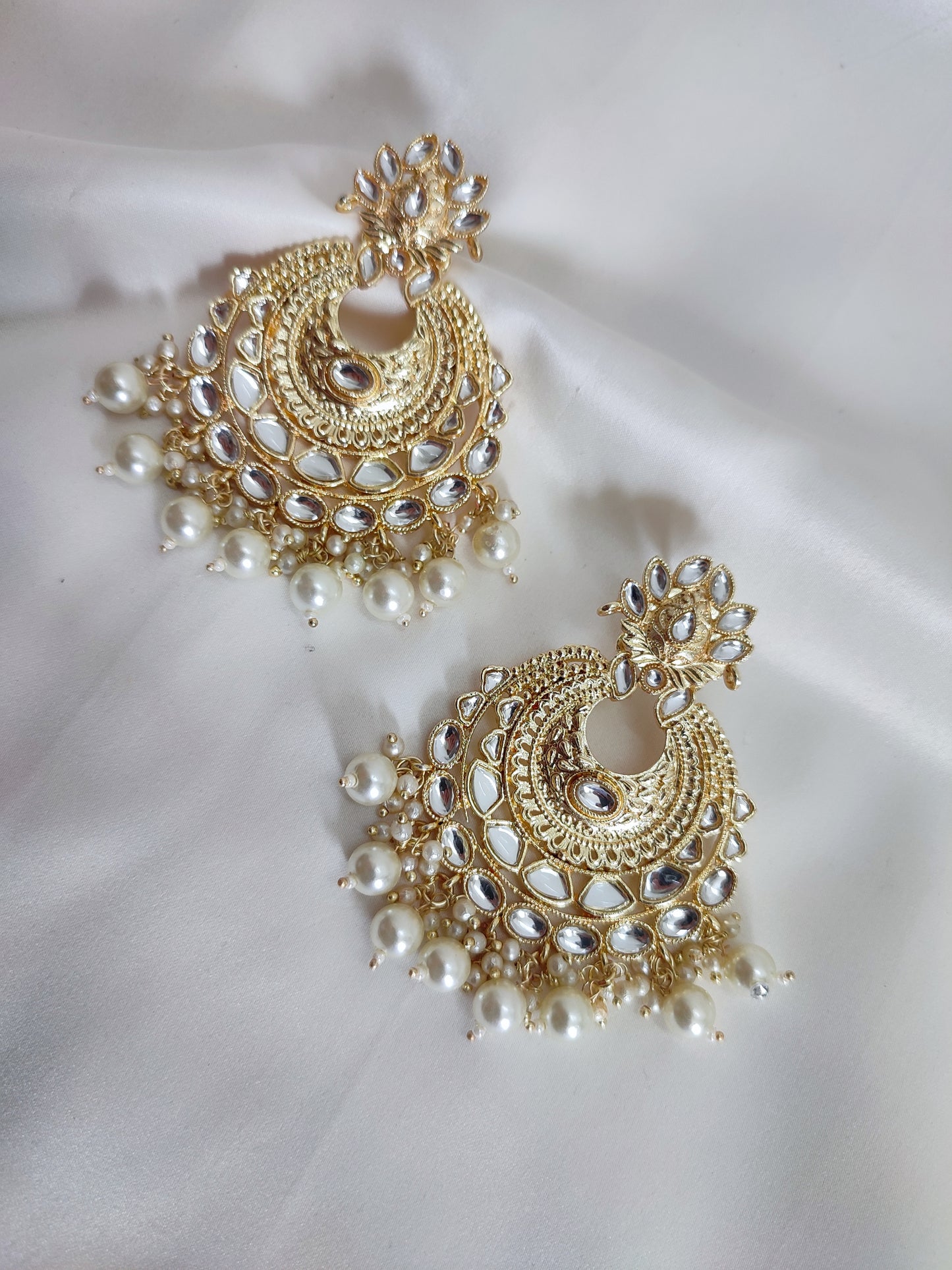 Golden Kundan white pearl Chandbali