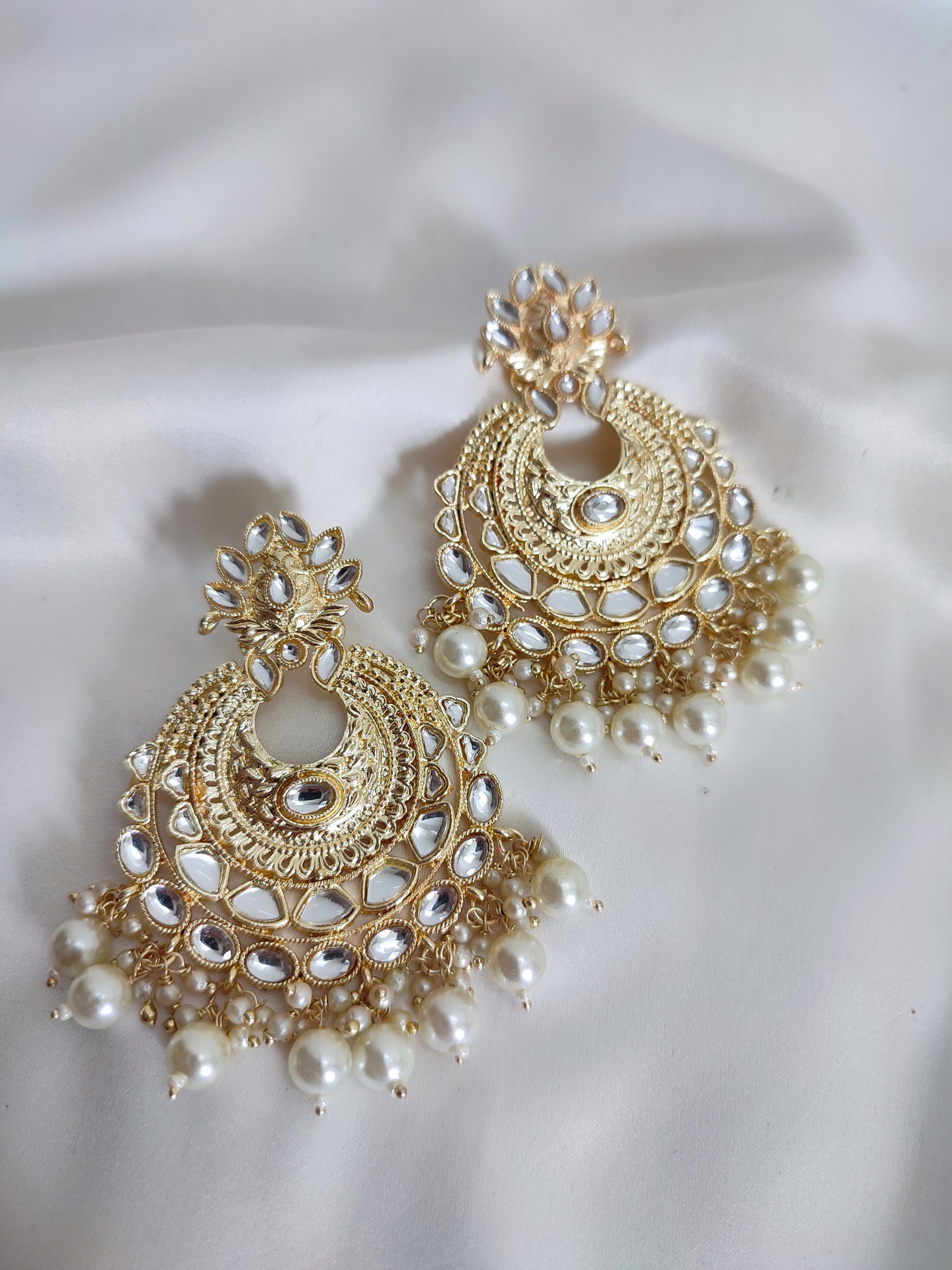 Golden Kundan white pearl Chandbali