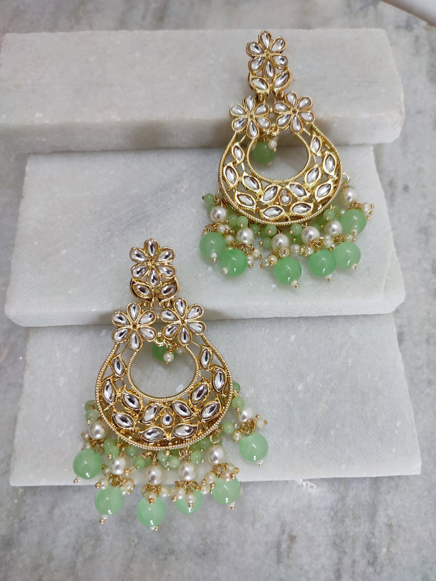 Mint Green Kundan Chandbali Earrings | Traditional Earrings