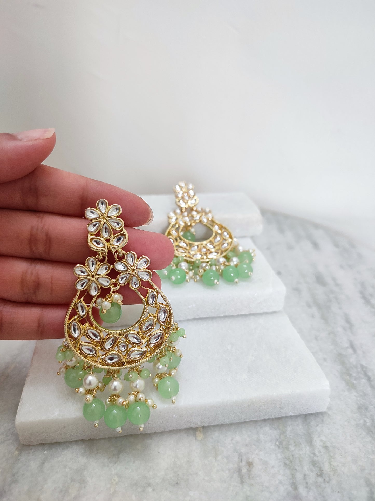 Mint Green Kundan Chandbali Earrings | Traditional Earrings