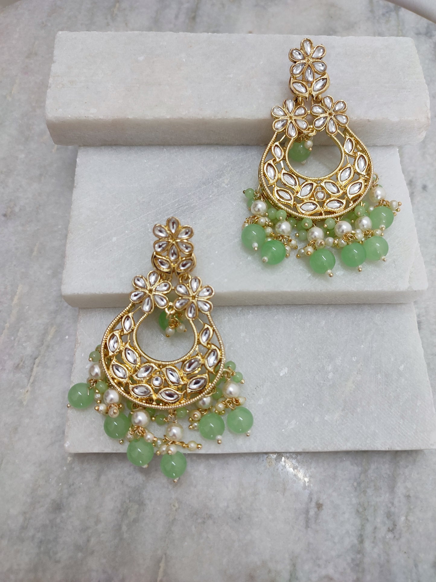 Mint Green Kundan Chandbali Earrings | Traditional Earrings