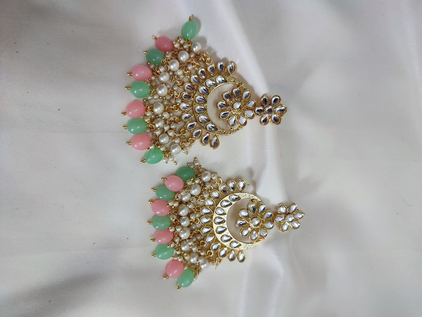 Golden Kundan Chandbali With Pink and Mint-Green Dangling Pearls
