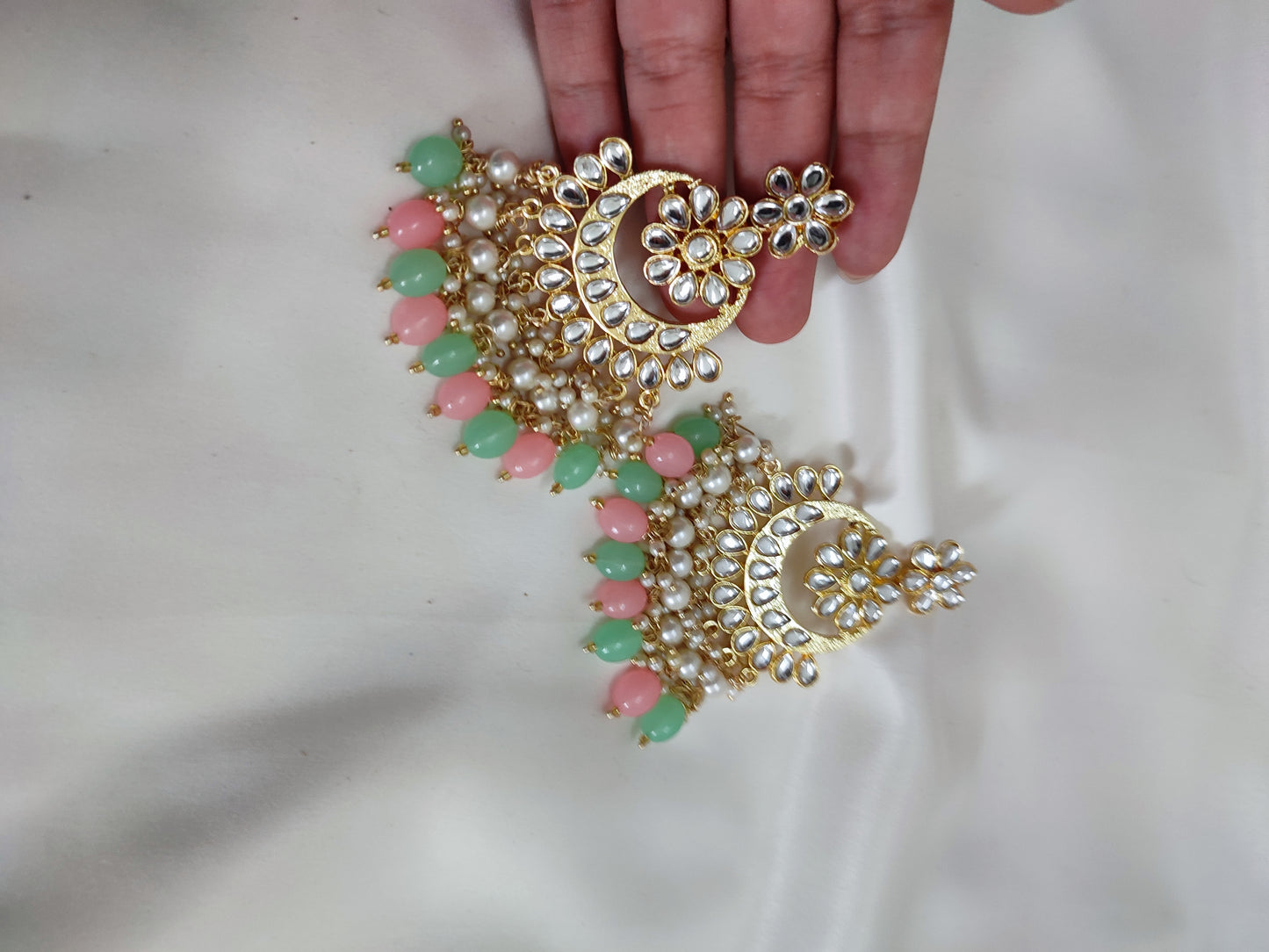 Golden Kundan Chandbali With Pink and Mint-Green Dangling Pearls