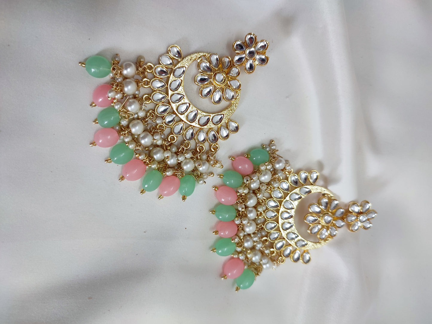 Golden Kundan Chandbali With Pink and Mint-Green Dangling Pearls