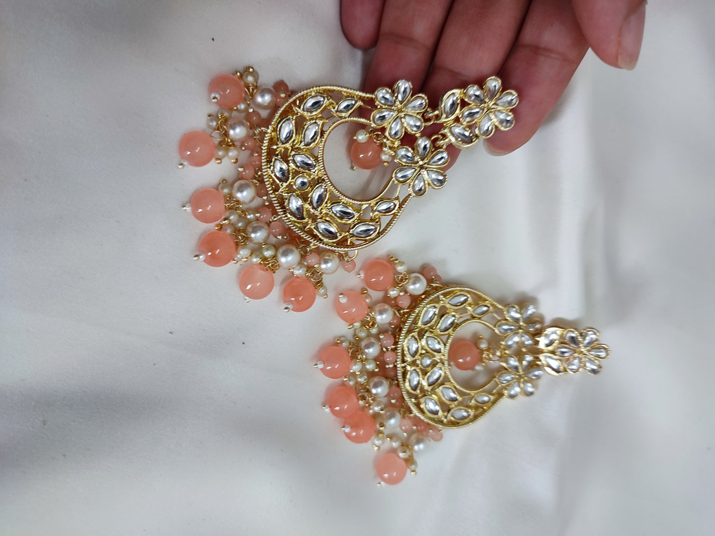 Golden Kundan Chandbali With Peach Dangling Pearls | Peach Chandbali | Traditional Peach Earrings