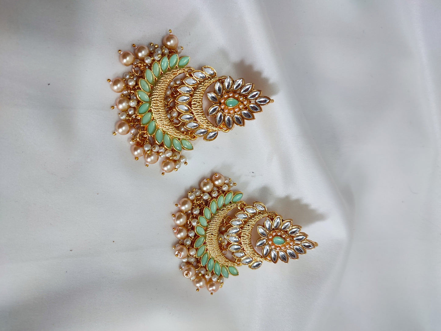 Golden Traditional Kundan Earrings | Mint-Green Kundan Traditional Earrings