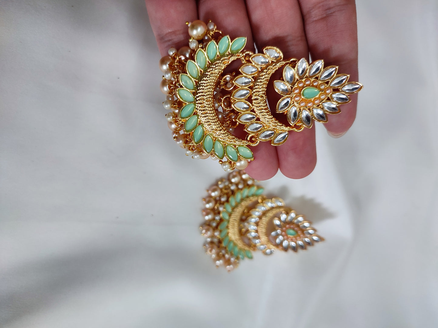 Golden Traditional Kundan Earrings | Mint-Green Kundan Traditional Earrings