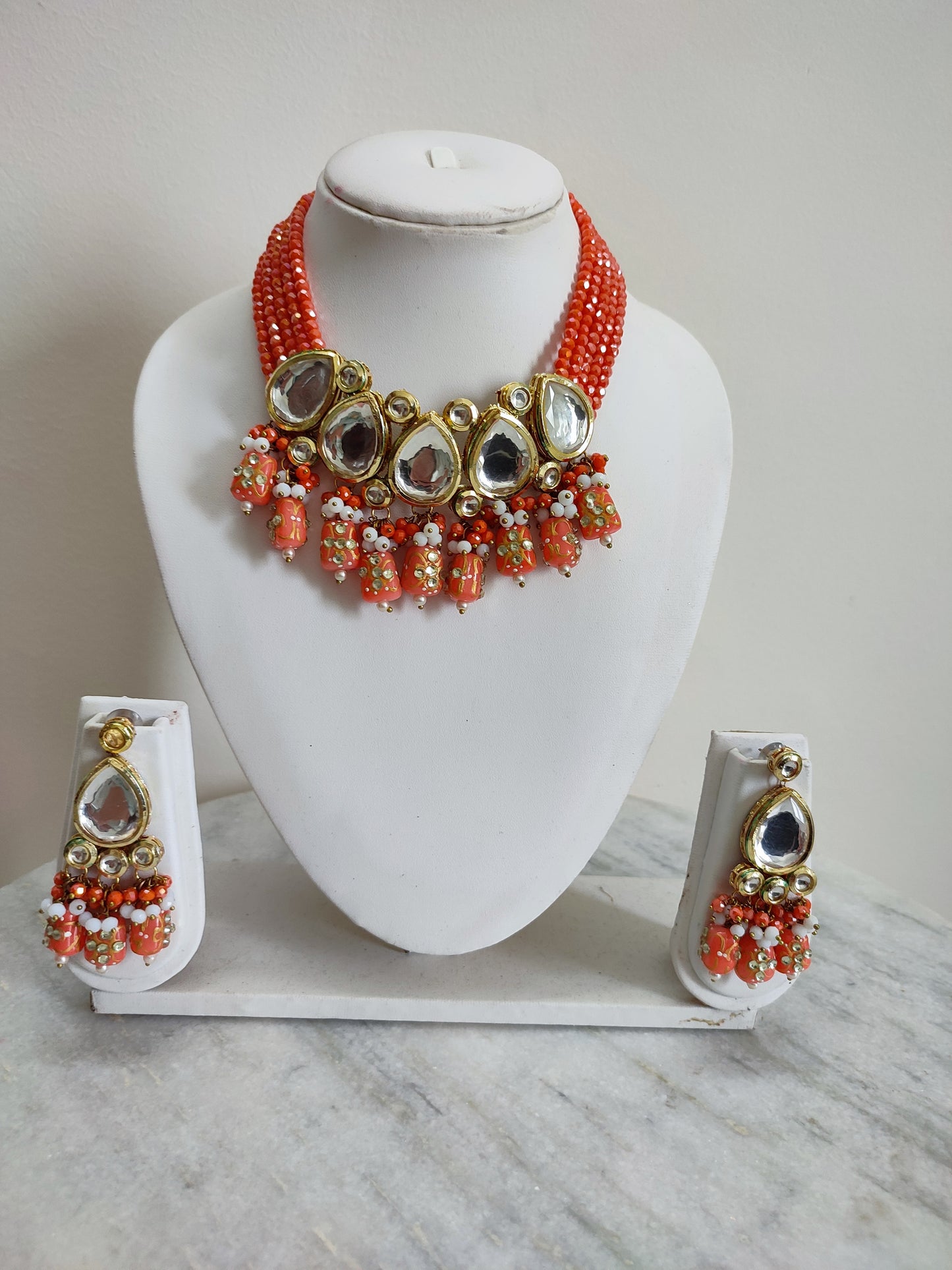 Orange Polki Necklace | Orange Traditional Necklace
