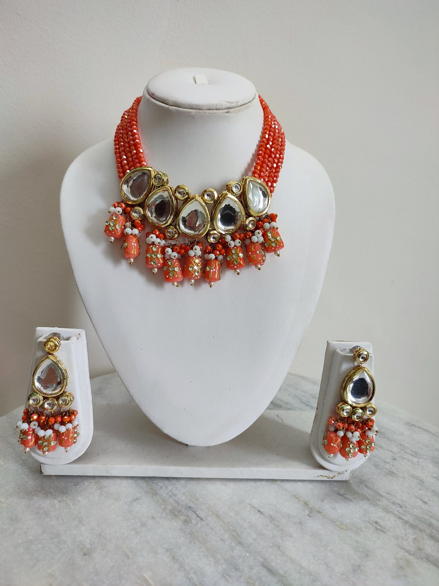 Orange Polki Necklace | Orange Traditional Necklace