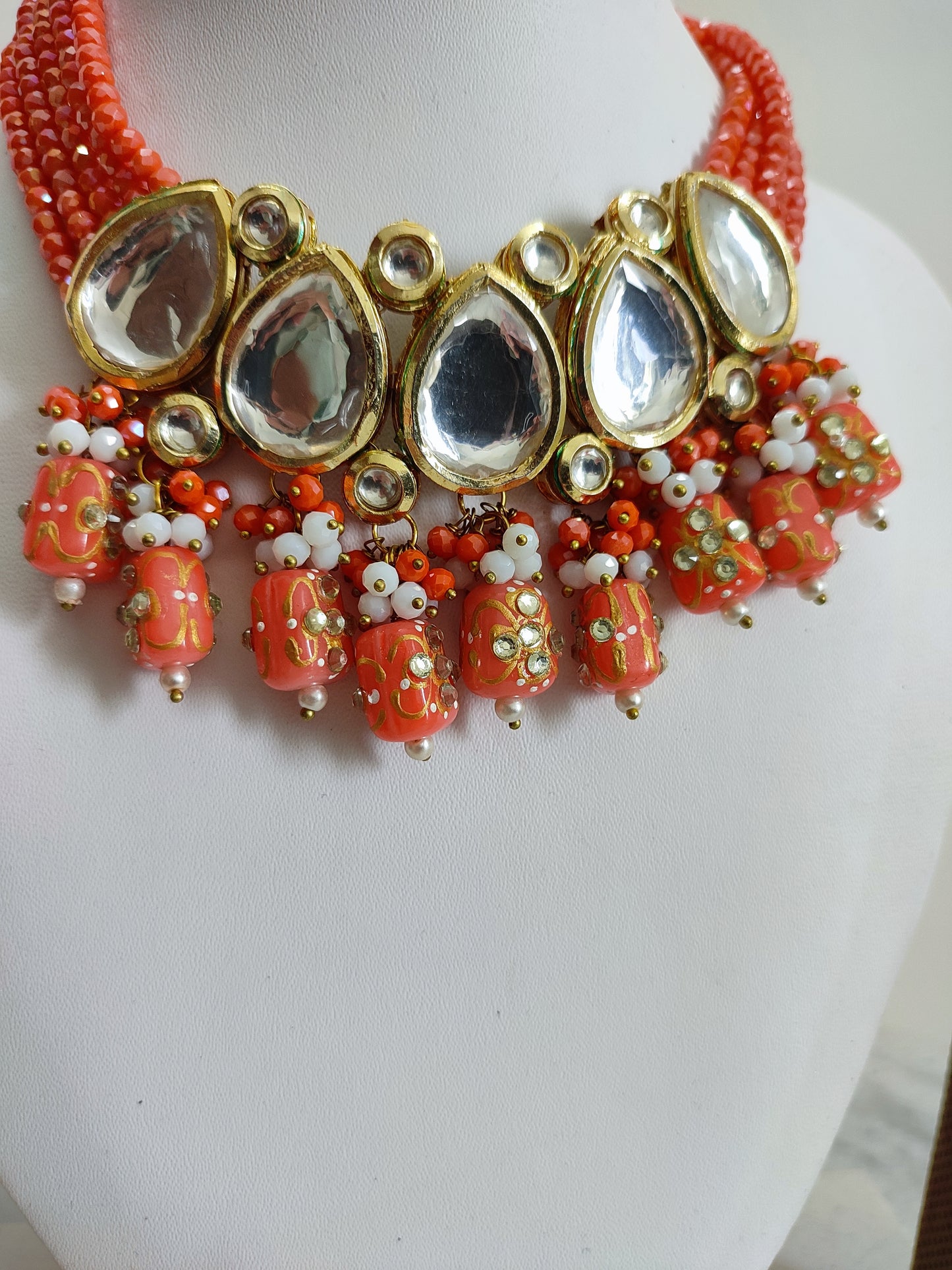Orange Polki Necklace | Orange Traditional Necklace