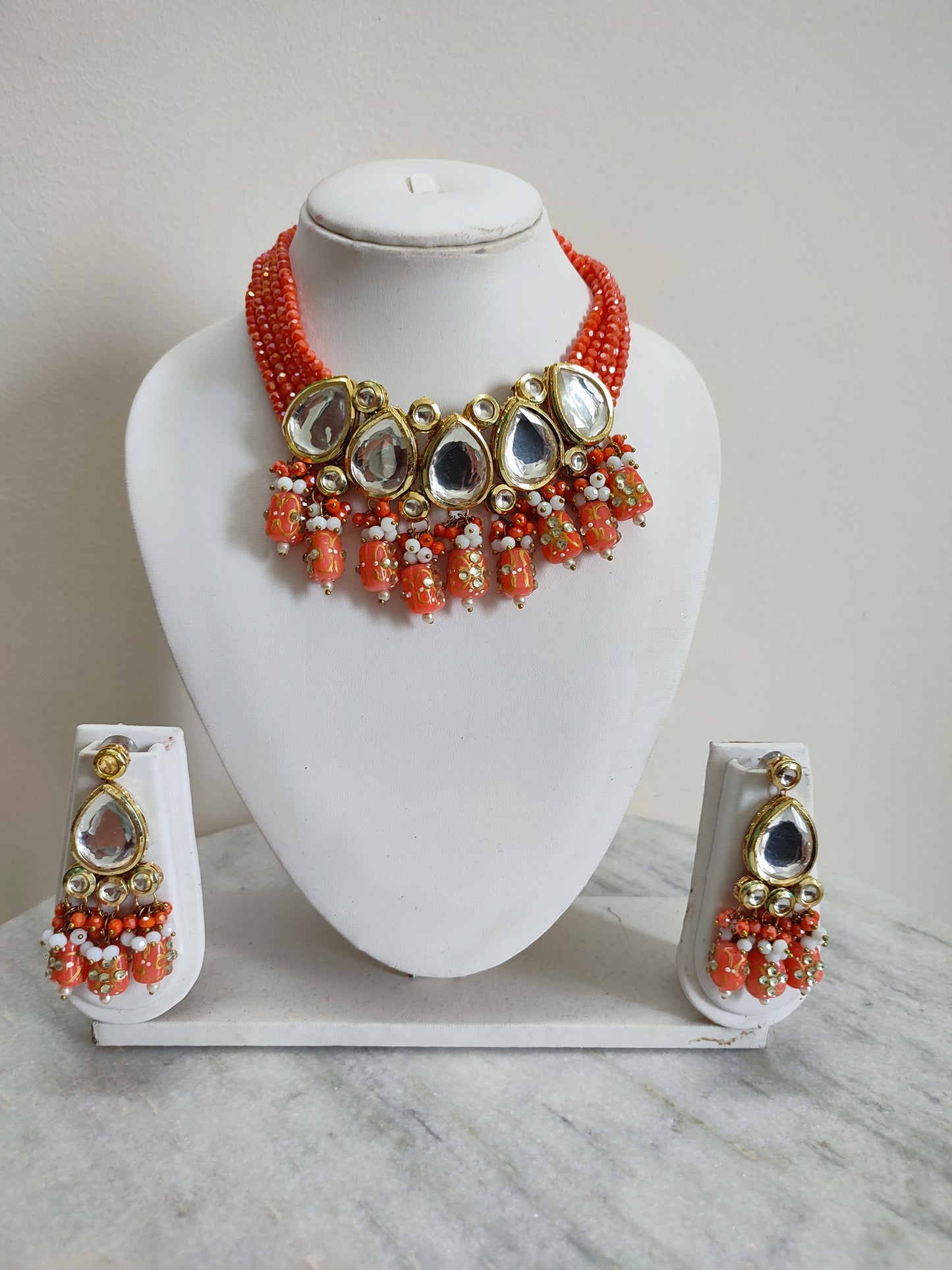 Orange Polki Necklace | Orange Traditional Necklace