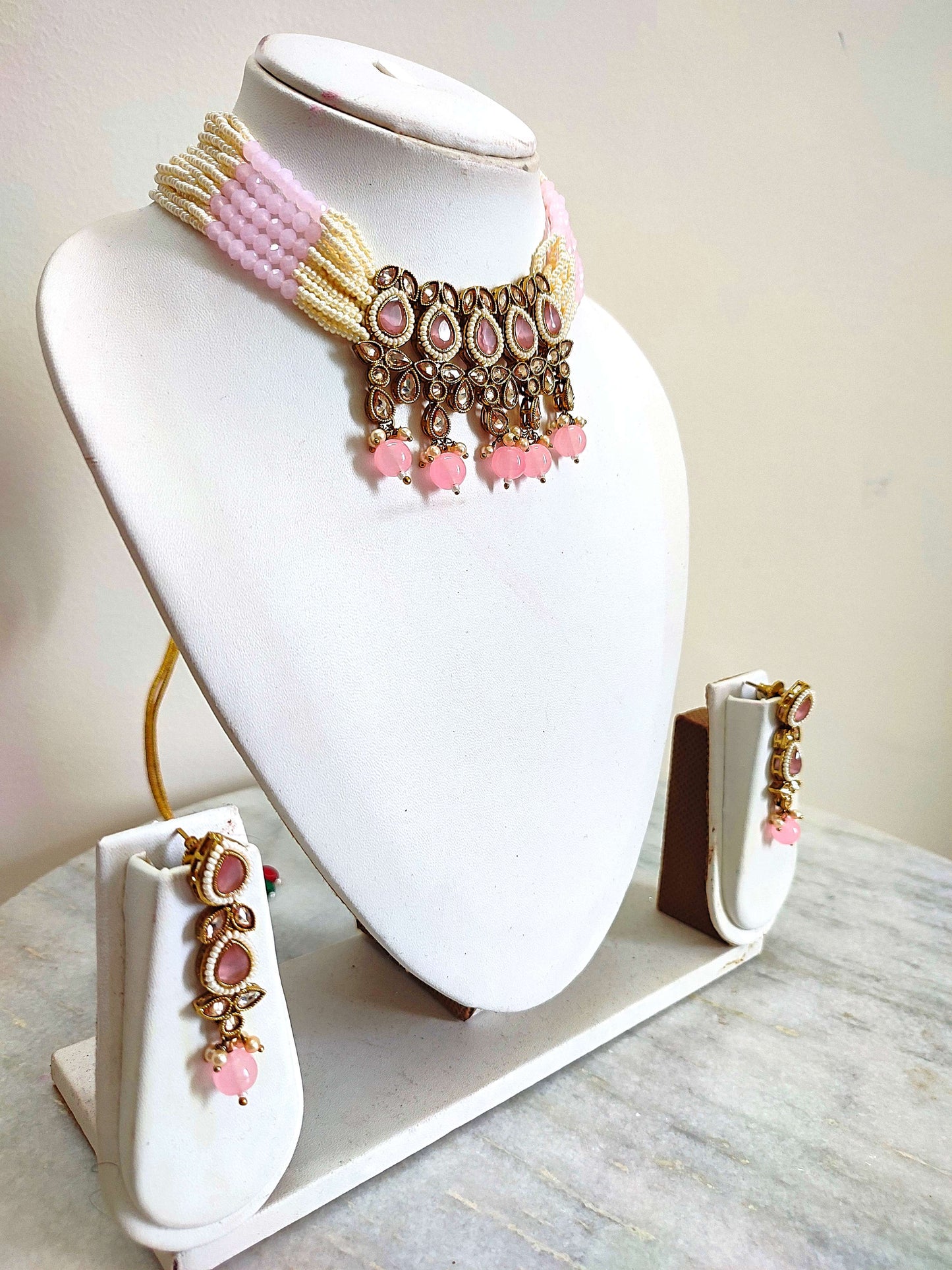 Pink Kundan Pearl Necklace | Elegant Pearl Necklace | Traditional Partywear Necklace with Earrings