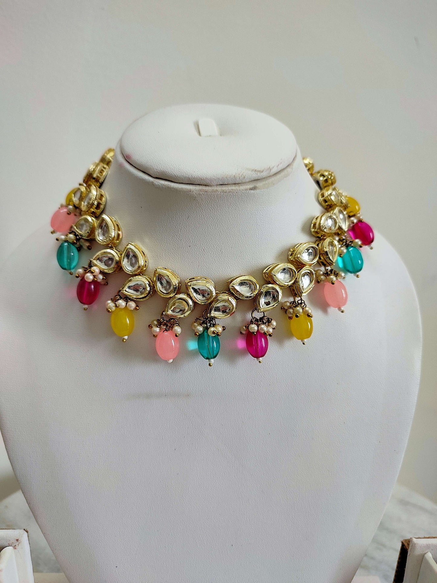 Multicolour Kundan Polki Necklace With Earrings