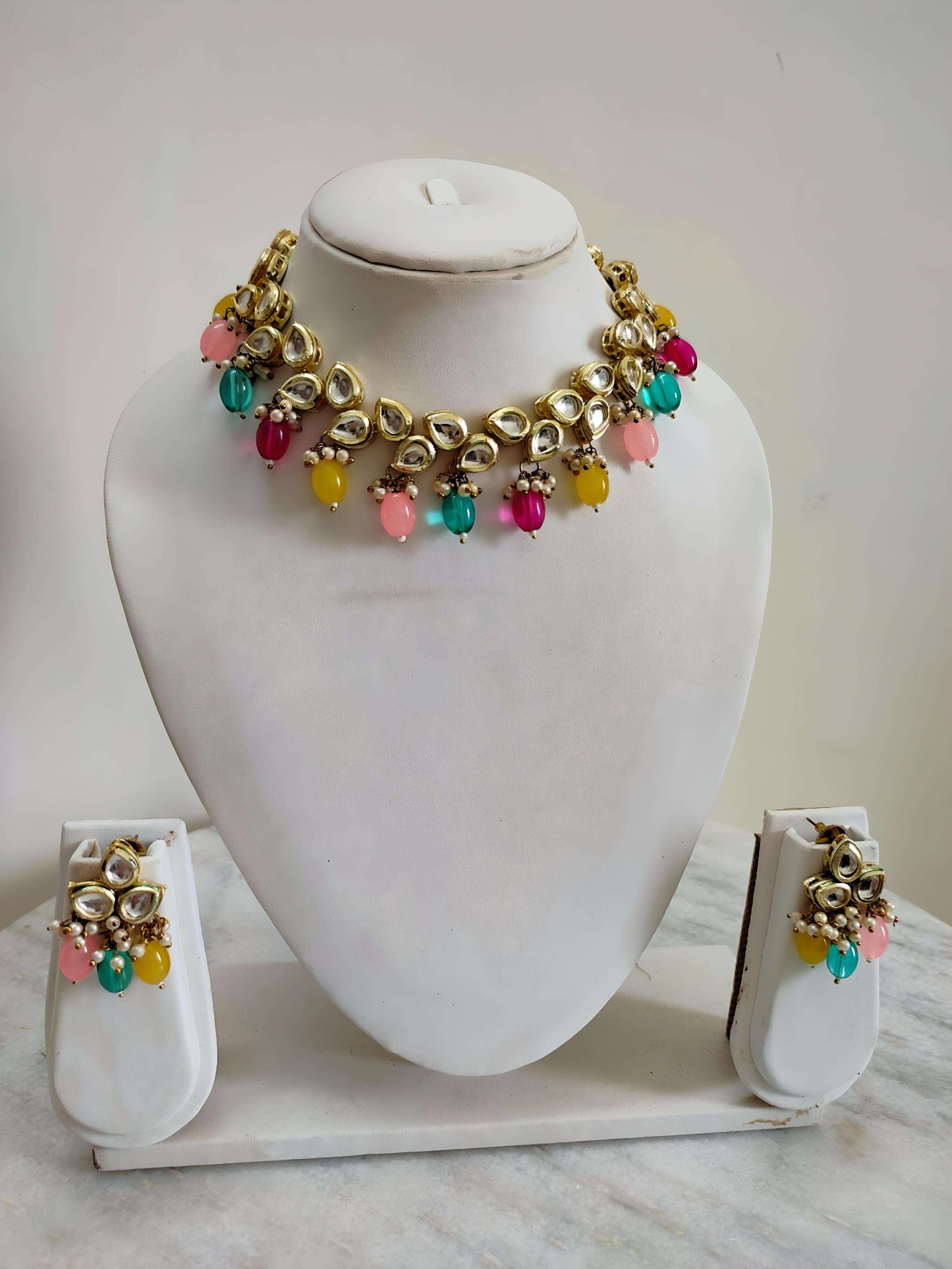 Multicolour Kundan Polki Necklace With Earrings