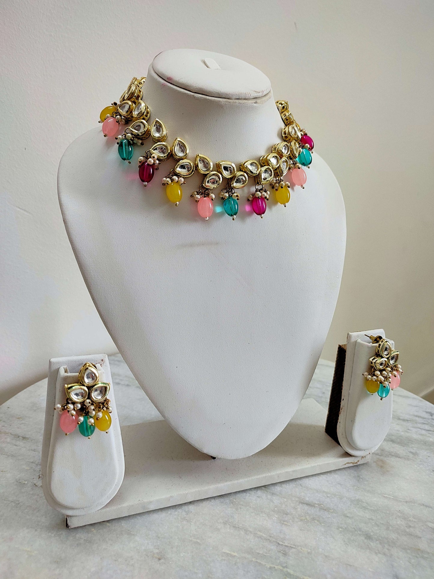 Multicolour Kundan Polki Necklace With Earrings