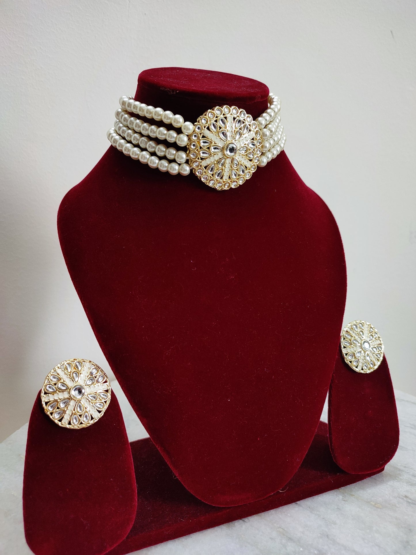 White Pearl Choker Set With Earrings