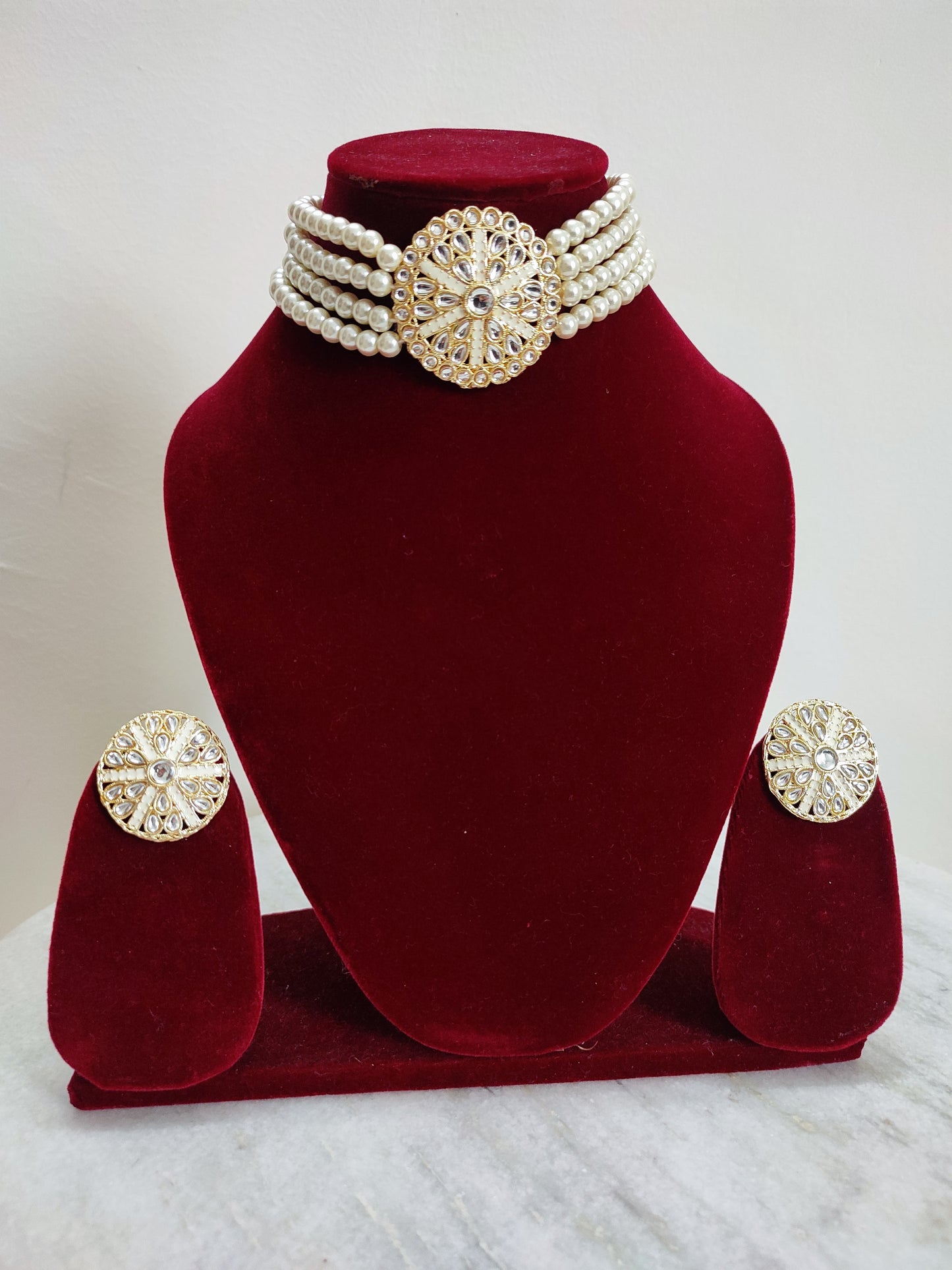 White Pearl Choker Set With Earrings