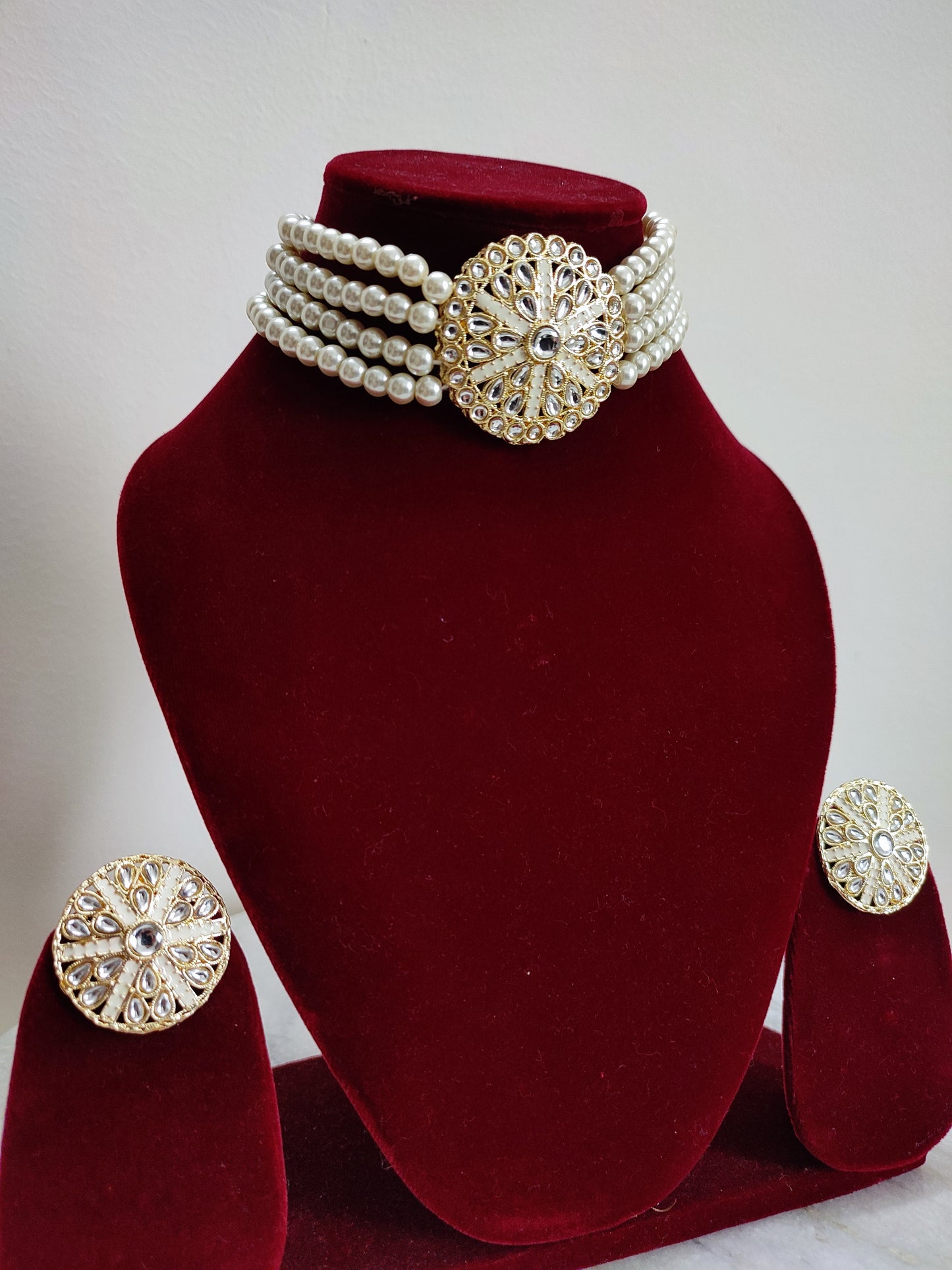 White Pearl Choker Set With Earrings