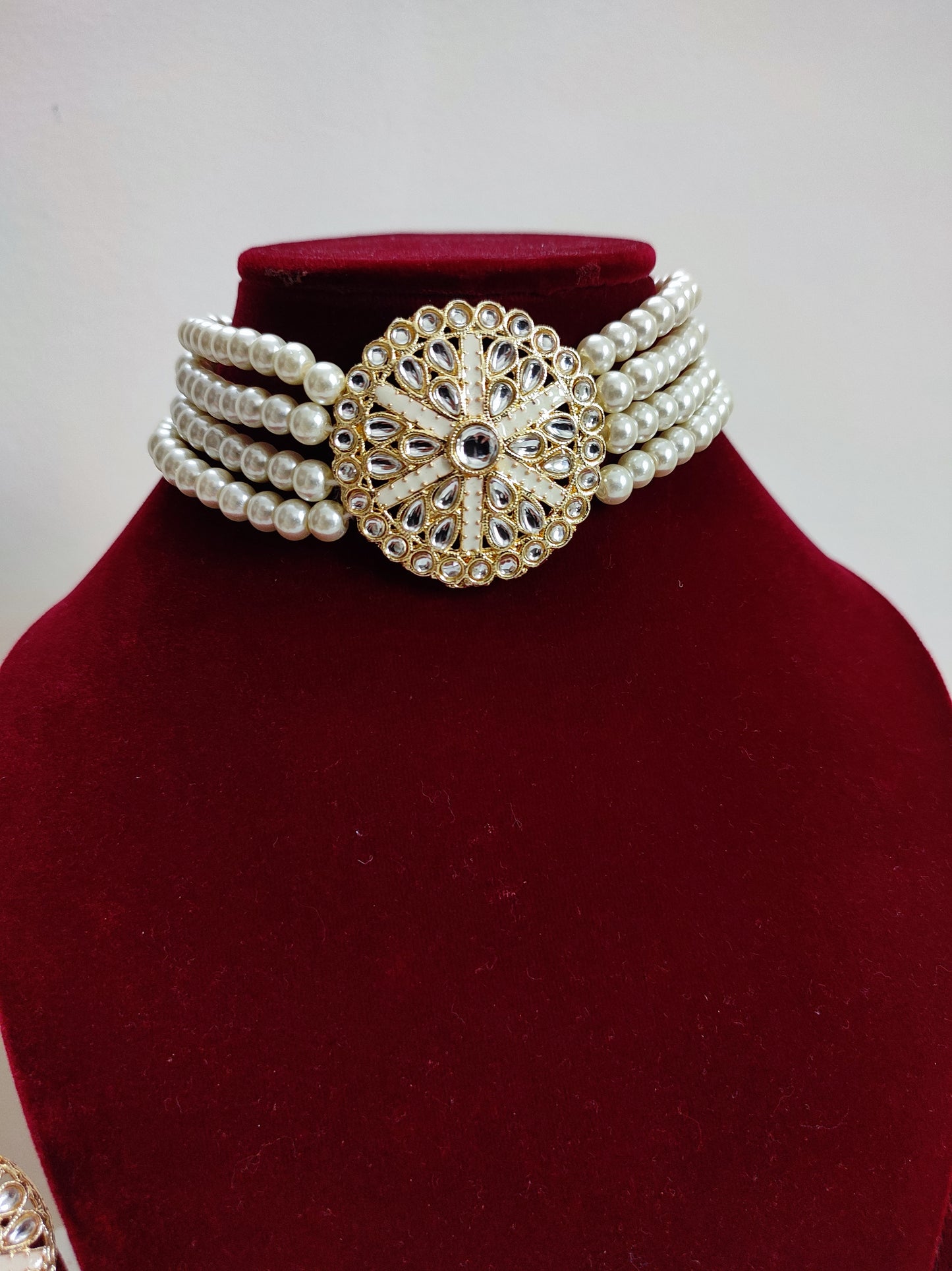 White Pearl Choker Set With Earrings
