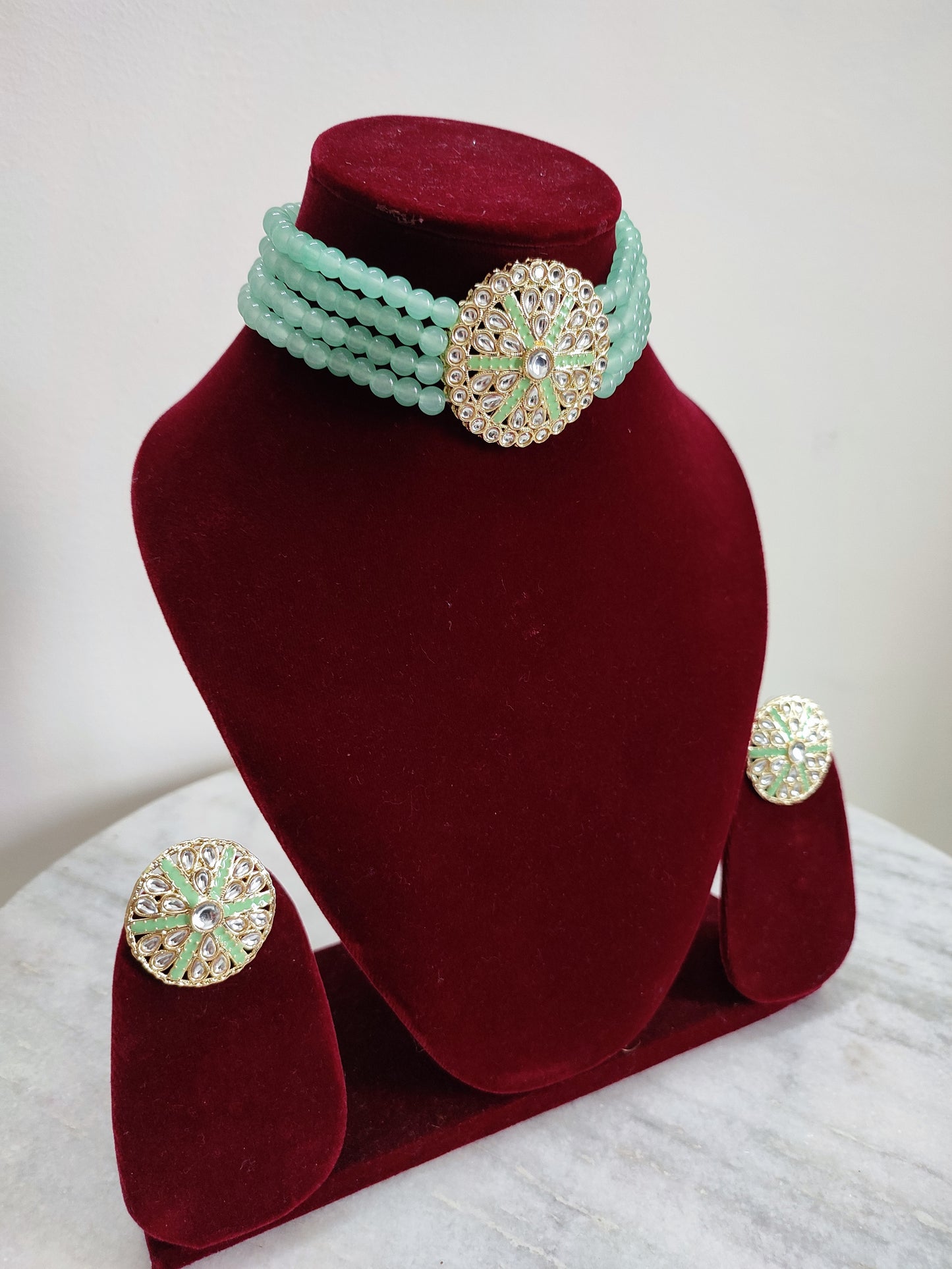 Mint Green Pearl Choker Set With Earrings