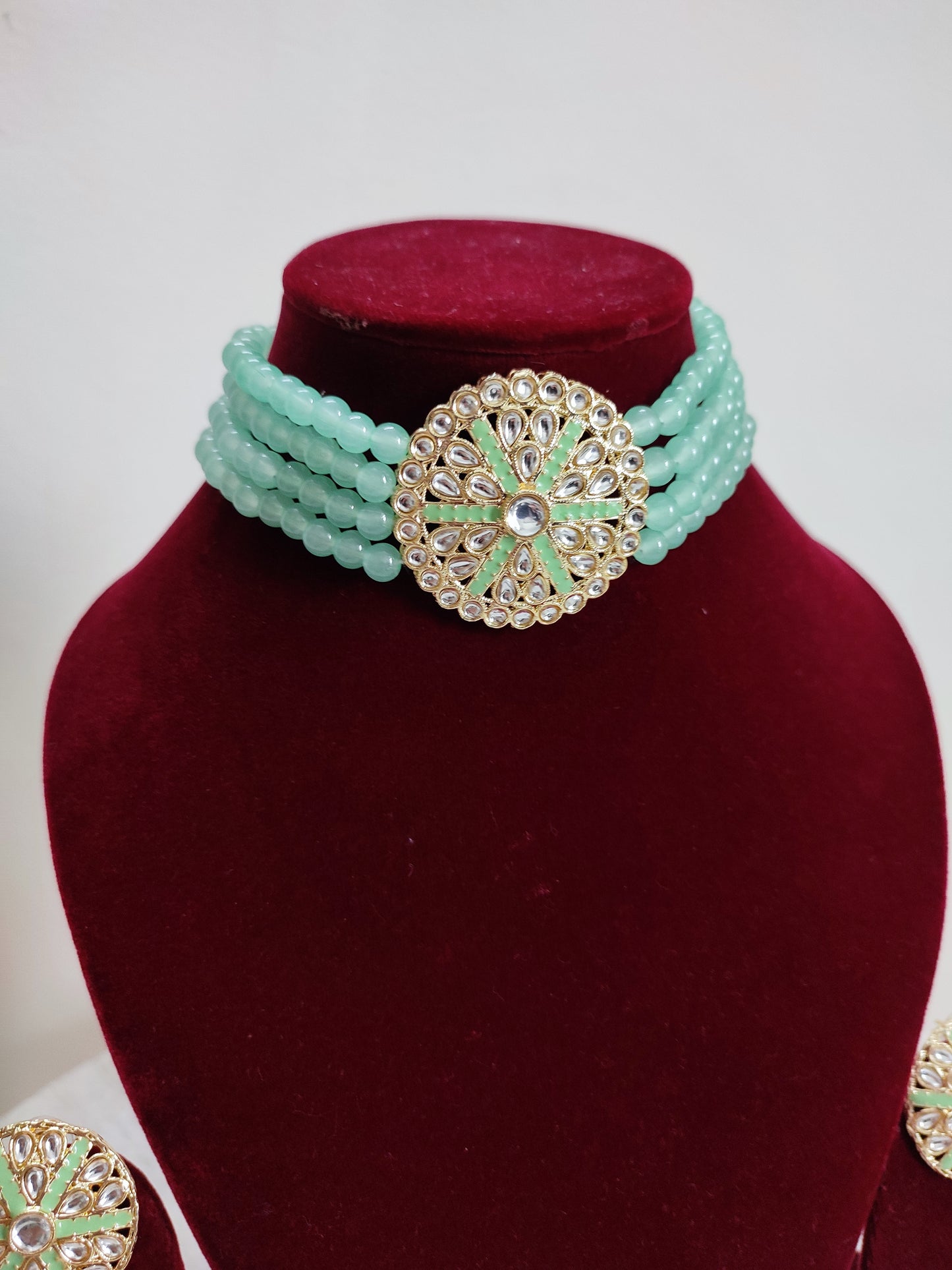 Mint Green Pearl Choker Set With Earrings