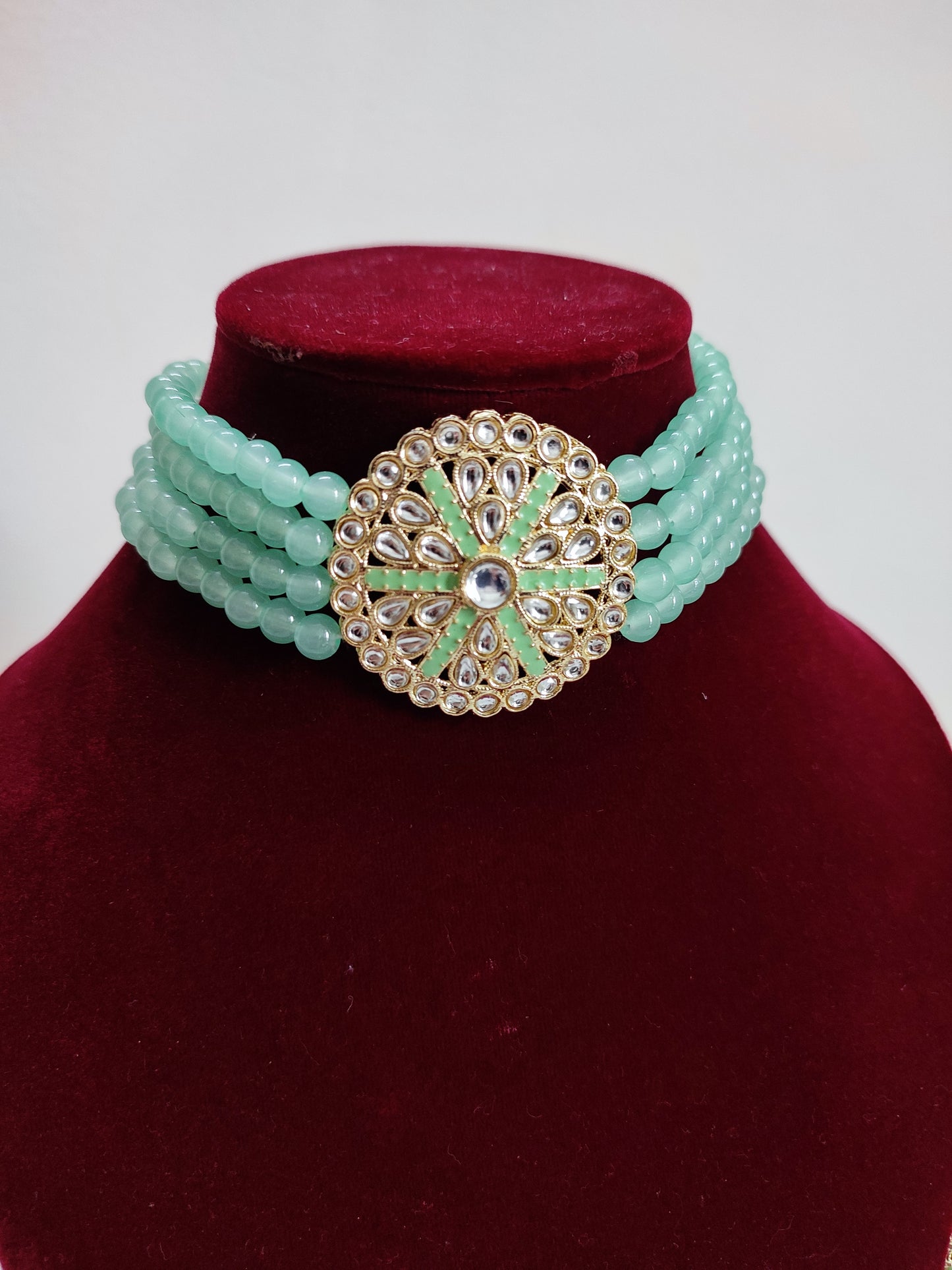 Mint Green Pearl Choker Set With Earrings