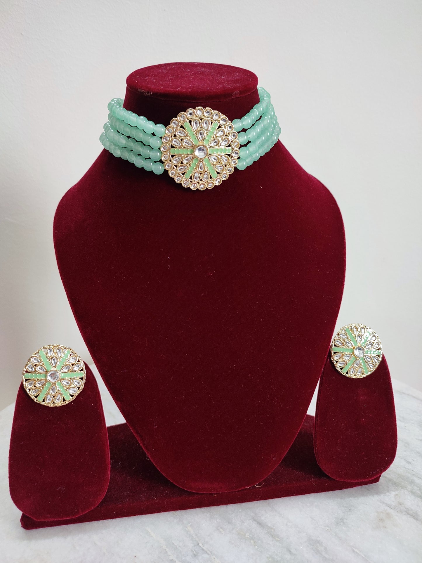 Mint Green Pearl Choker Set With Earrings