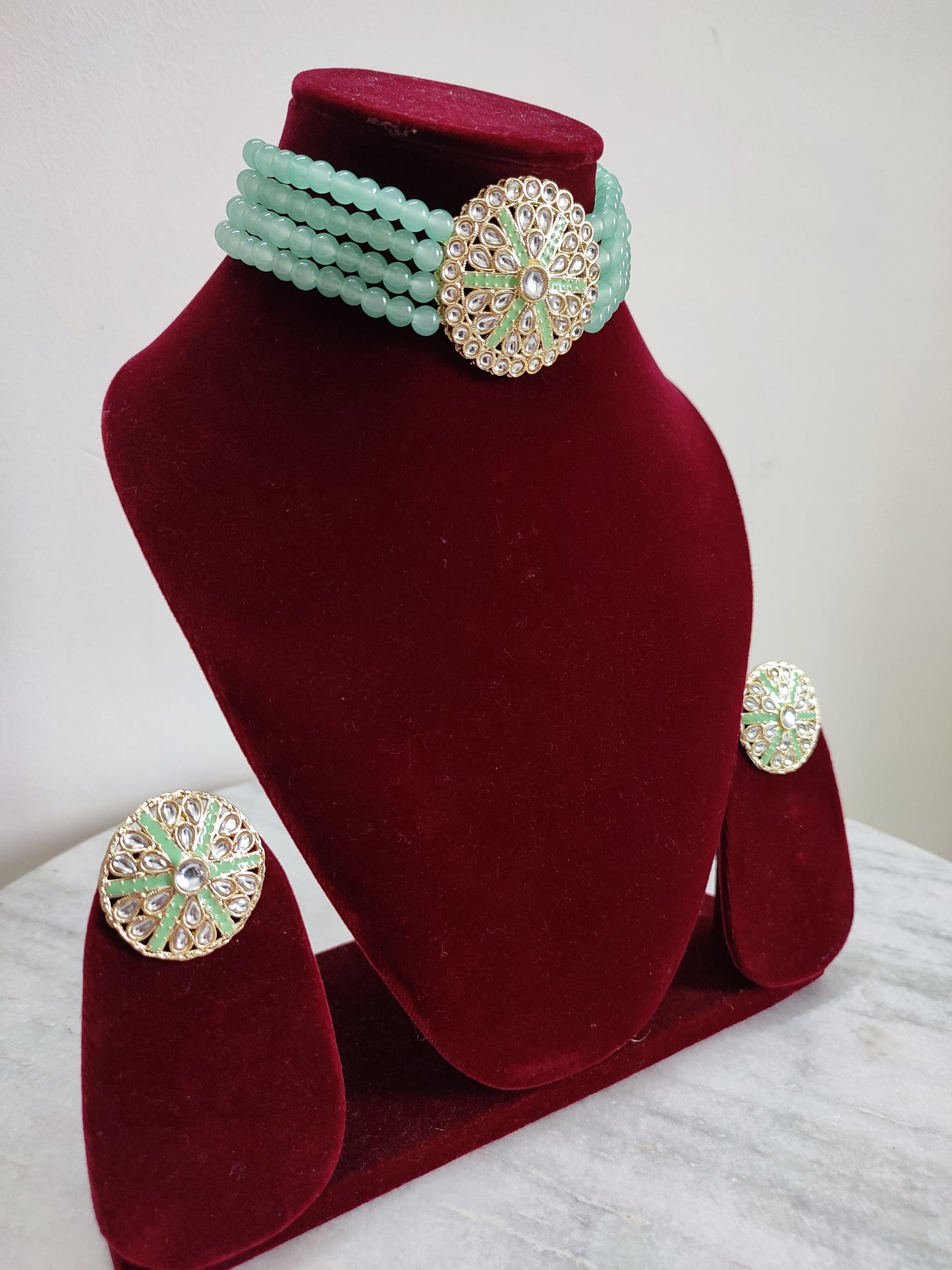 Mint Green Pearl Choker Set With Earrings