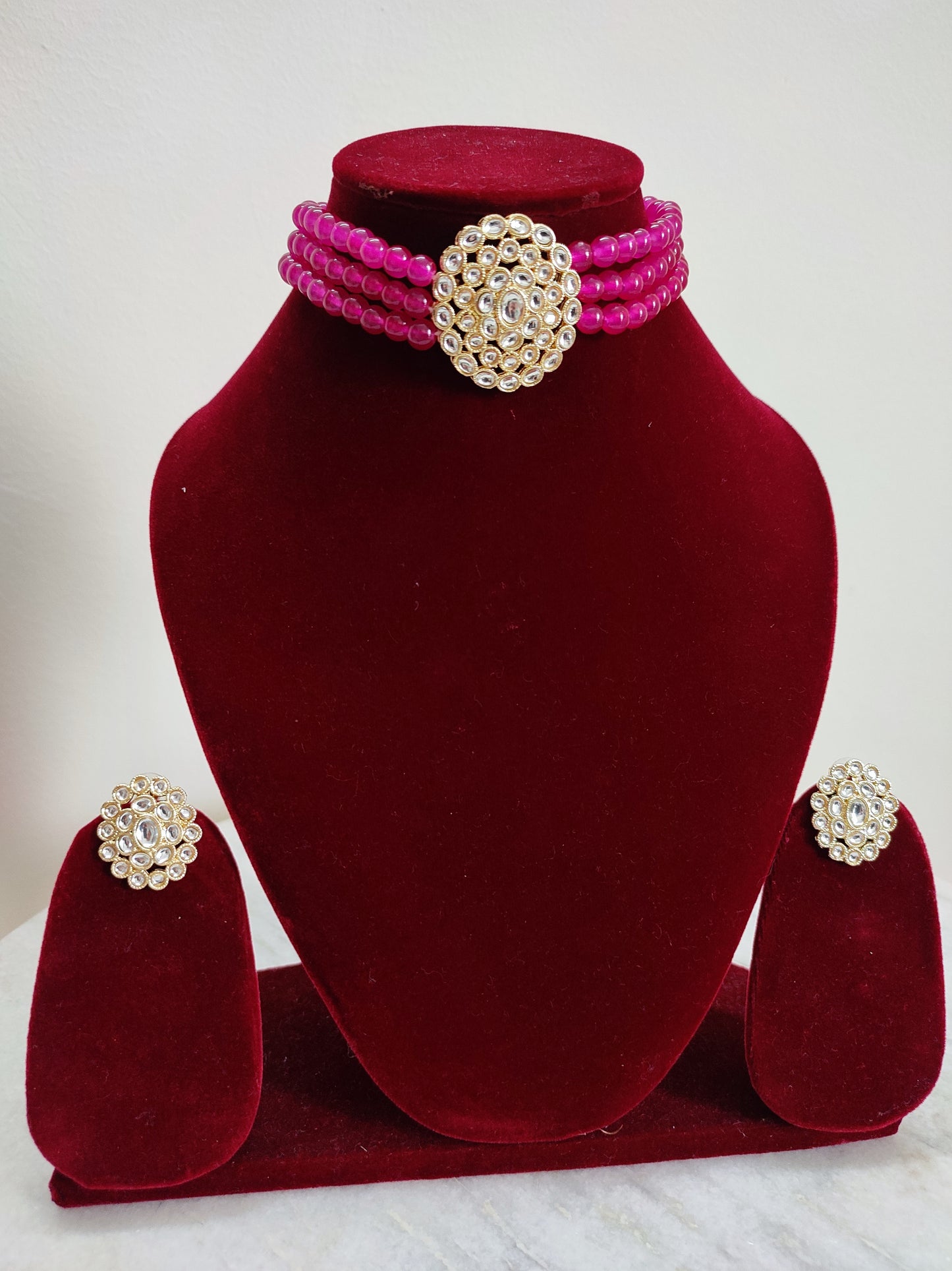Rani Pink Kundan Choker Set With Earrings