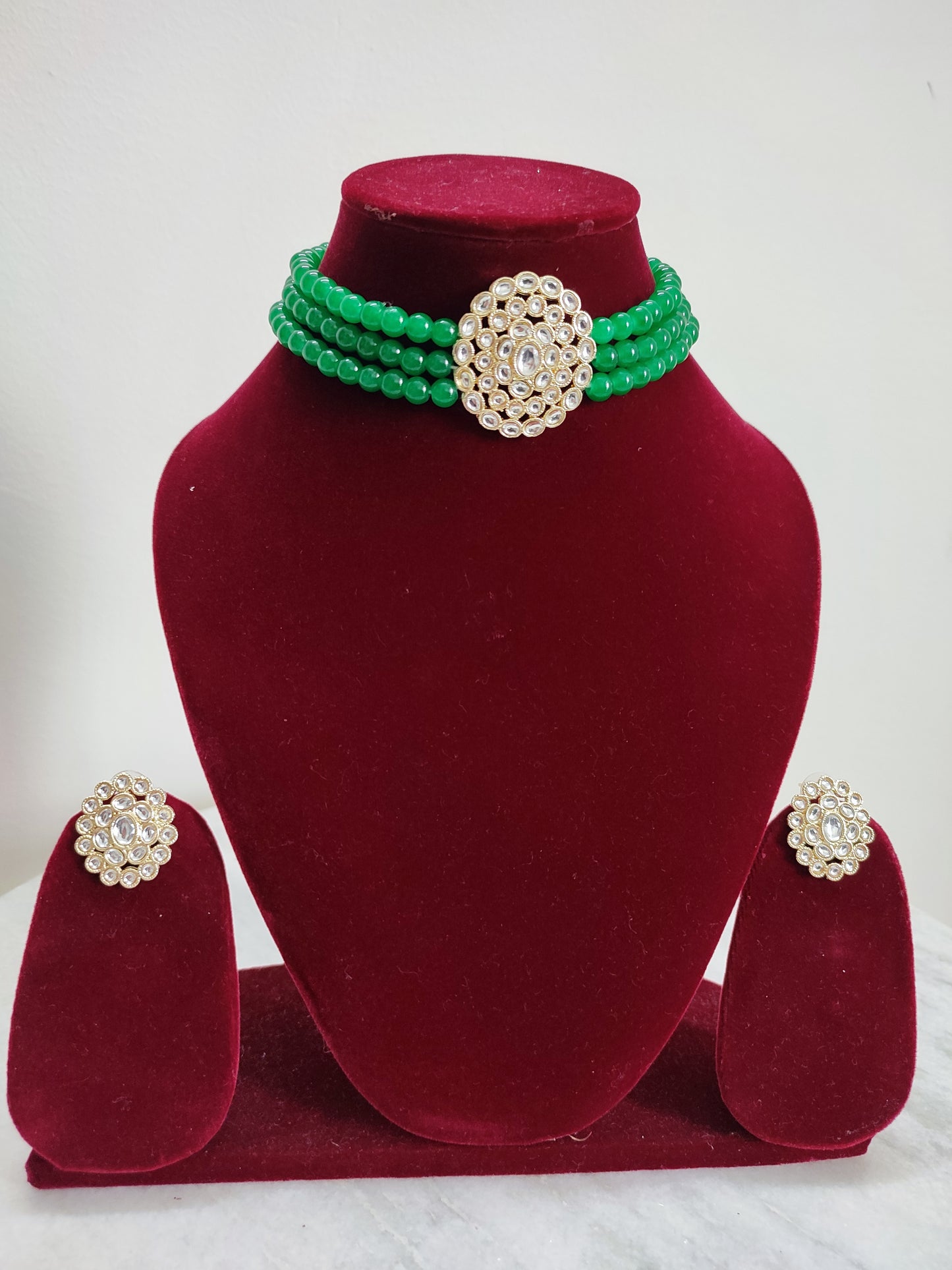 Green Kundan Choker Set With Earrings