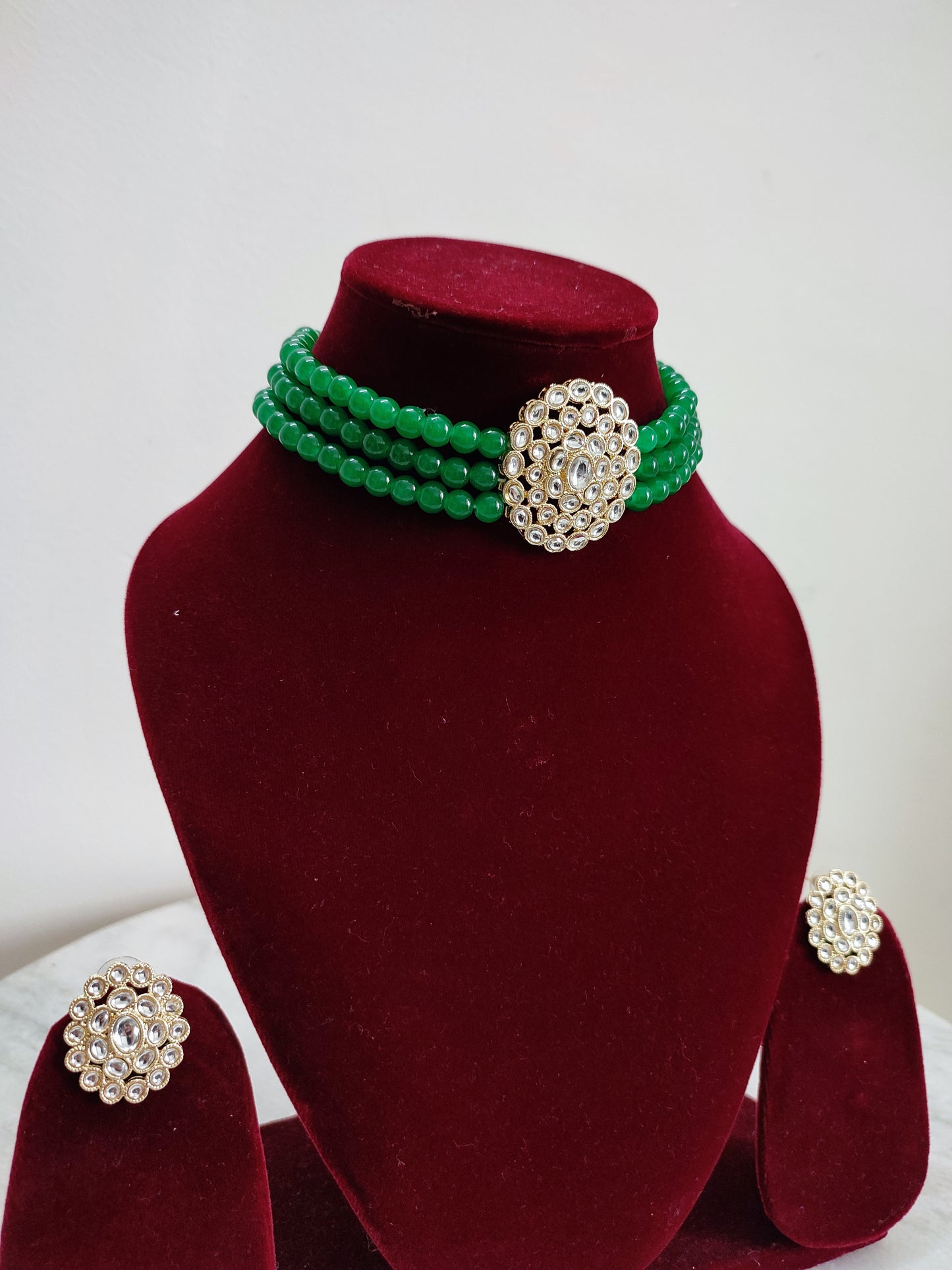 Green Kundan Choker Set With Earrings