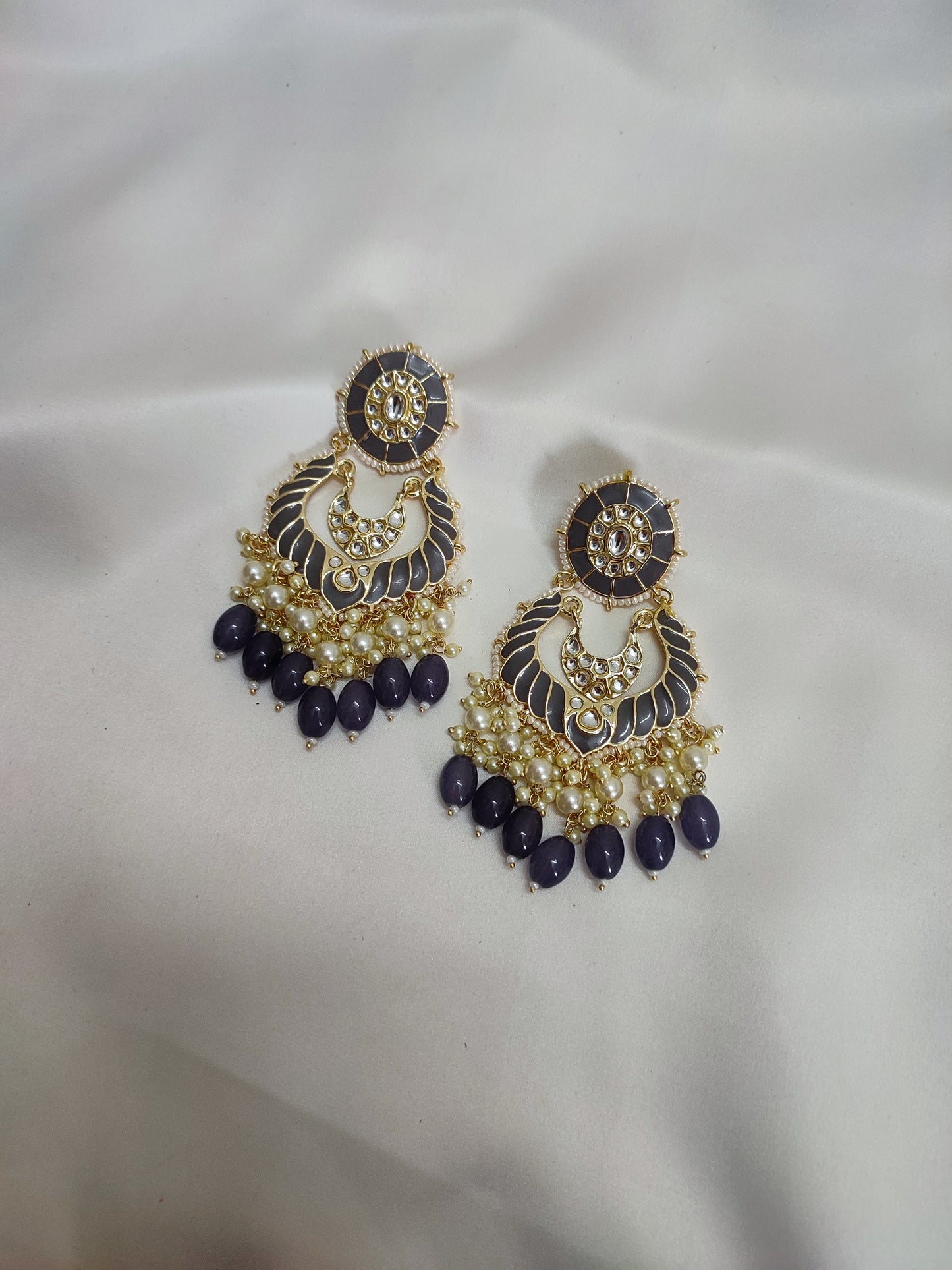 Grey Big Chandbali Earrings | Traditional Earrings | Festive Wear Jewellery