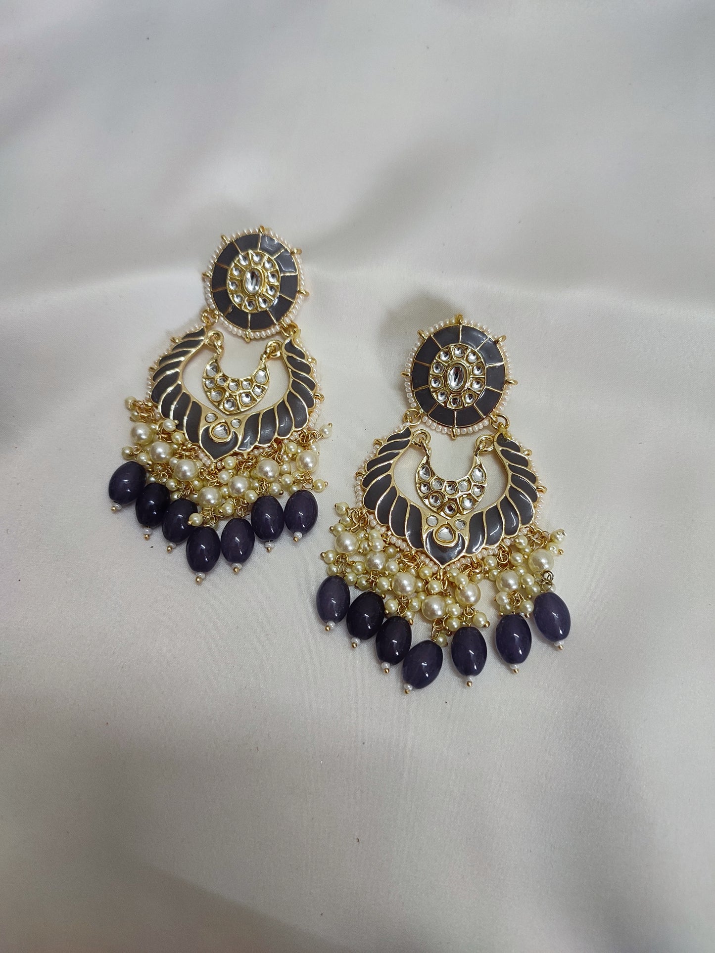 Grey Big Chandbali Earrings | Traditional Earrings | Festive Wear Jewellery