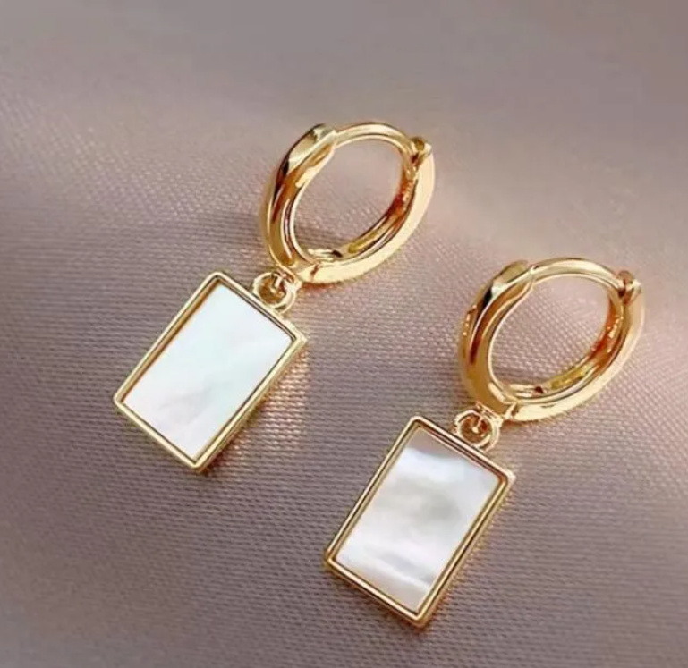 Anti -Tarnish Gold Plated Rectangle Inlay Shell Golden Drop Earrings | Work Wear Jewellery | White Rectangle Earrings | Imported Earrings
