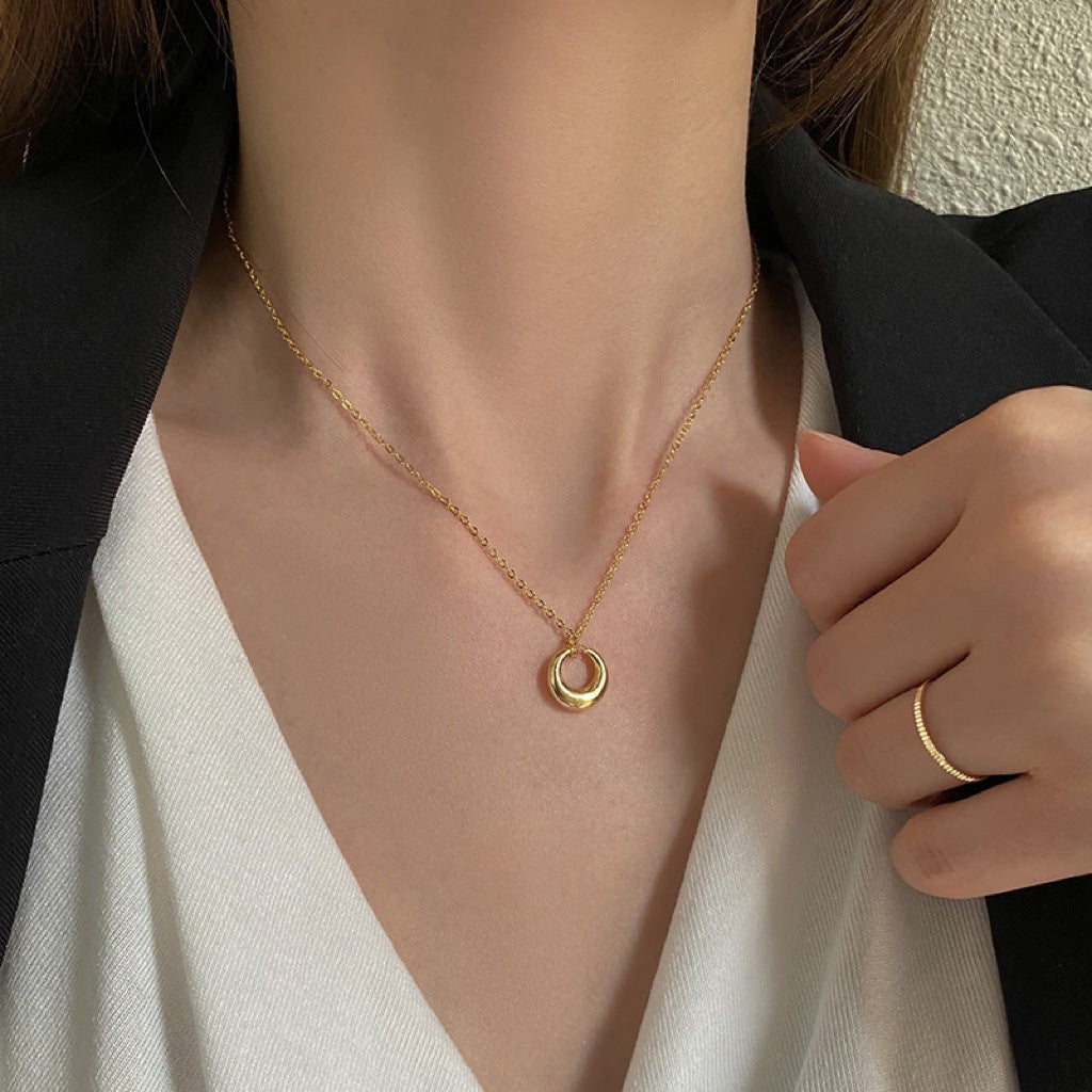 Circle Necklace, Simple French Vintage Minimalist Dainty Abstract Circle, Gold 18K Gold Plated, Bridesmaid, Gift For Her Curve Pendant