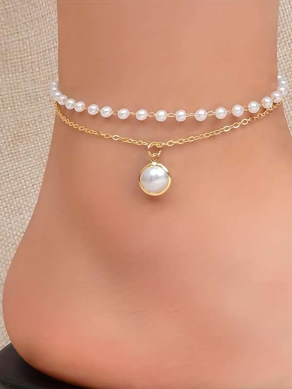 Multi-Layer Pearl Anklet | IG Style Round Alloy Beaded Plating Inlay Pearl Gold Plated Women's Anklet