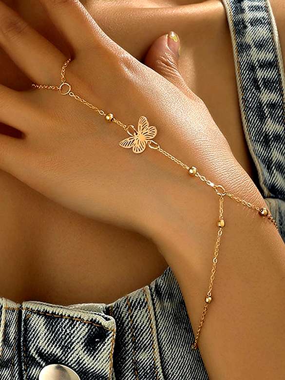 Golden Chimes Hand Bracelet with Chain Ring For Women | Elegant Golden Butterfly Stars Hanging Hand Chain For Women And Girls