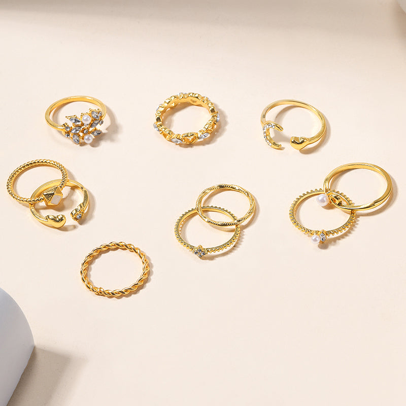 Snake, Leaf ,Round Alloy Inlay Rhinestones Pearl Contemporary Stackable Rings Set of 9 | Set of Rings