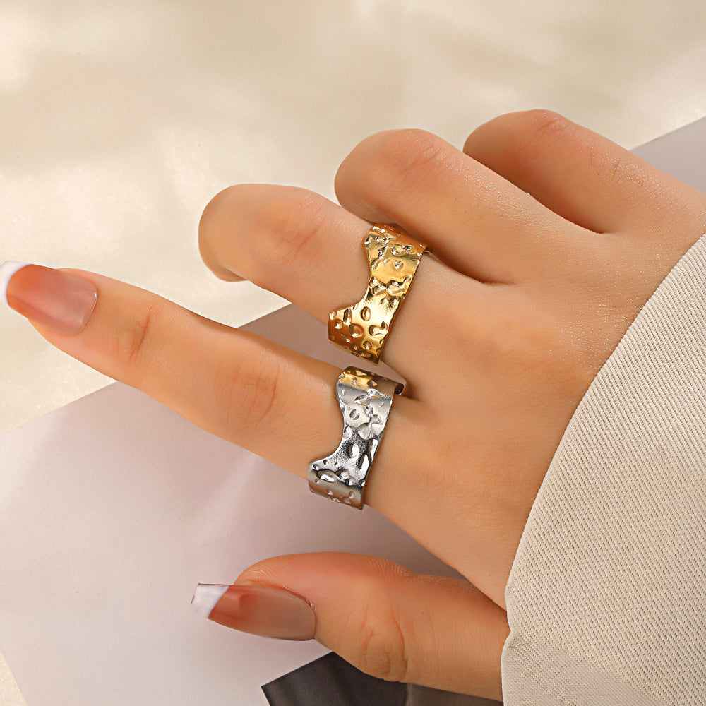 Textured Gold Plated Ring | Anti-Tarnish Titanium Steel Golden Plating Irregular Open Rings