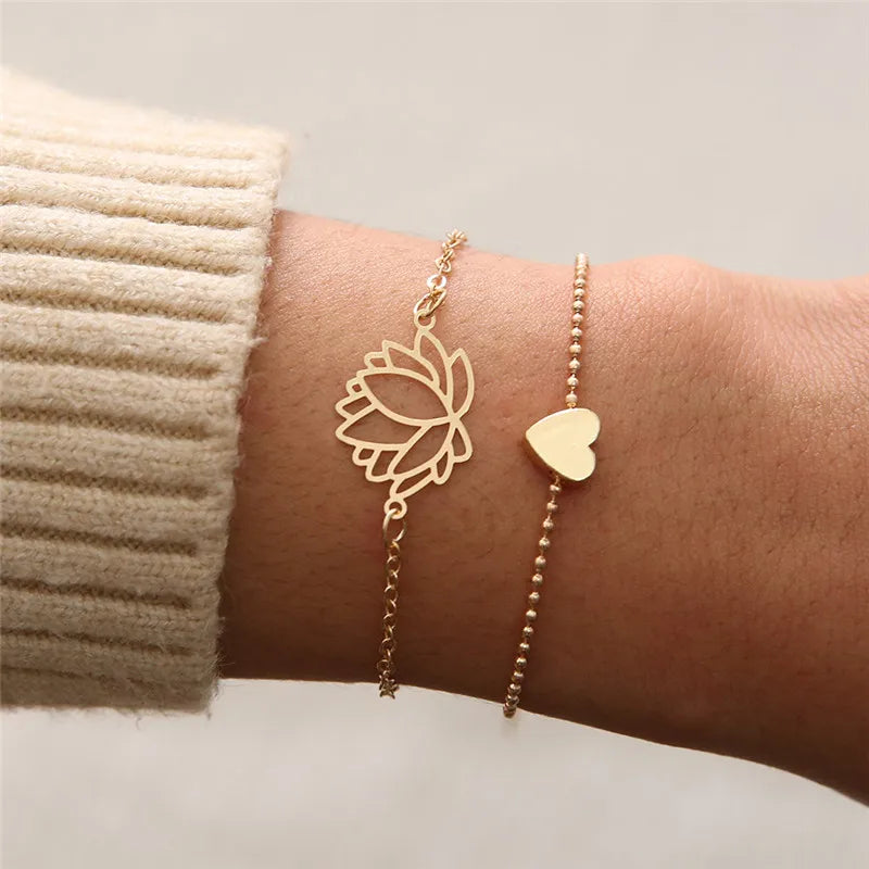 Anti Tarnish Lotus Bracelet Gold Heart Charm Bracelet | Multi Bracelet | Gold Plated Bracelet