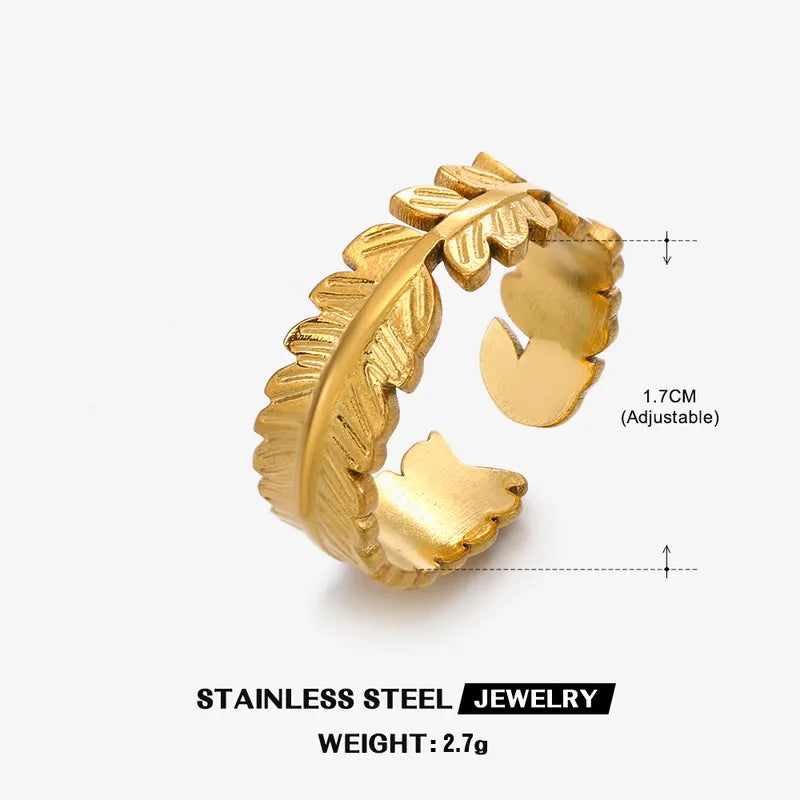 Anti -Tarnish Titanium Steel Golden Leaf Design Cuff Ring