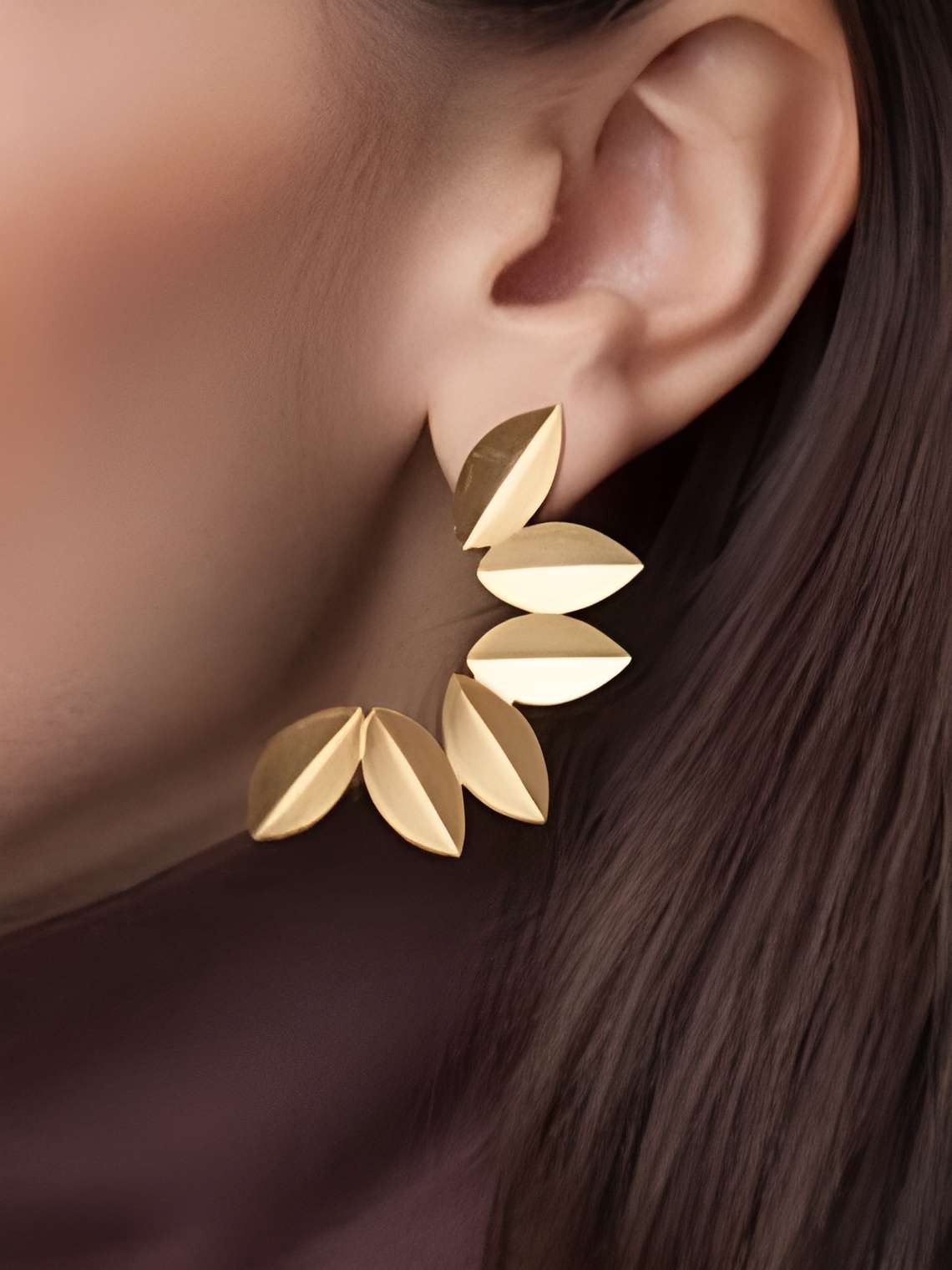 Geometric Pattern Leaf-Shaped Metal Irregular Leaf Alloy Earrings | Fold Leafy Earrings | Half Flower Earrings | Golden Leafy Earrings