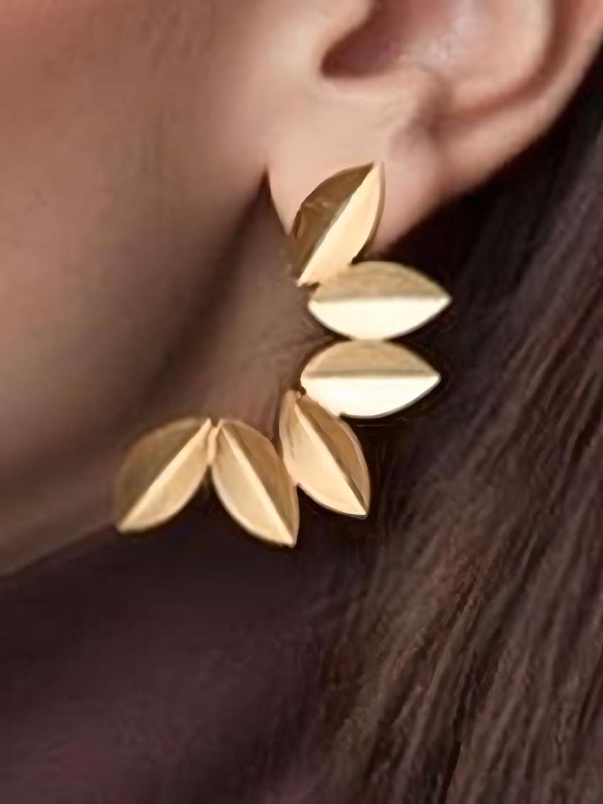 Geometric Pattern Leaf-Shaped Metal Irregular Leaf Alloy Earrings | Fold Leafy Earrings | Half Flower Earrings | Golden Leafy Earrings