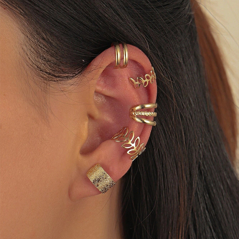 Bohemia Leaf Hoop Ear Cuff Earring | Gold Huggie Hoop Earrings | Multi Line Ear Wrap Earring | Circle Ear Clip Earring Non Pierced Earrings Jewellery | Set of Four Earrings